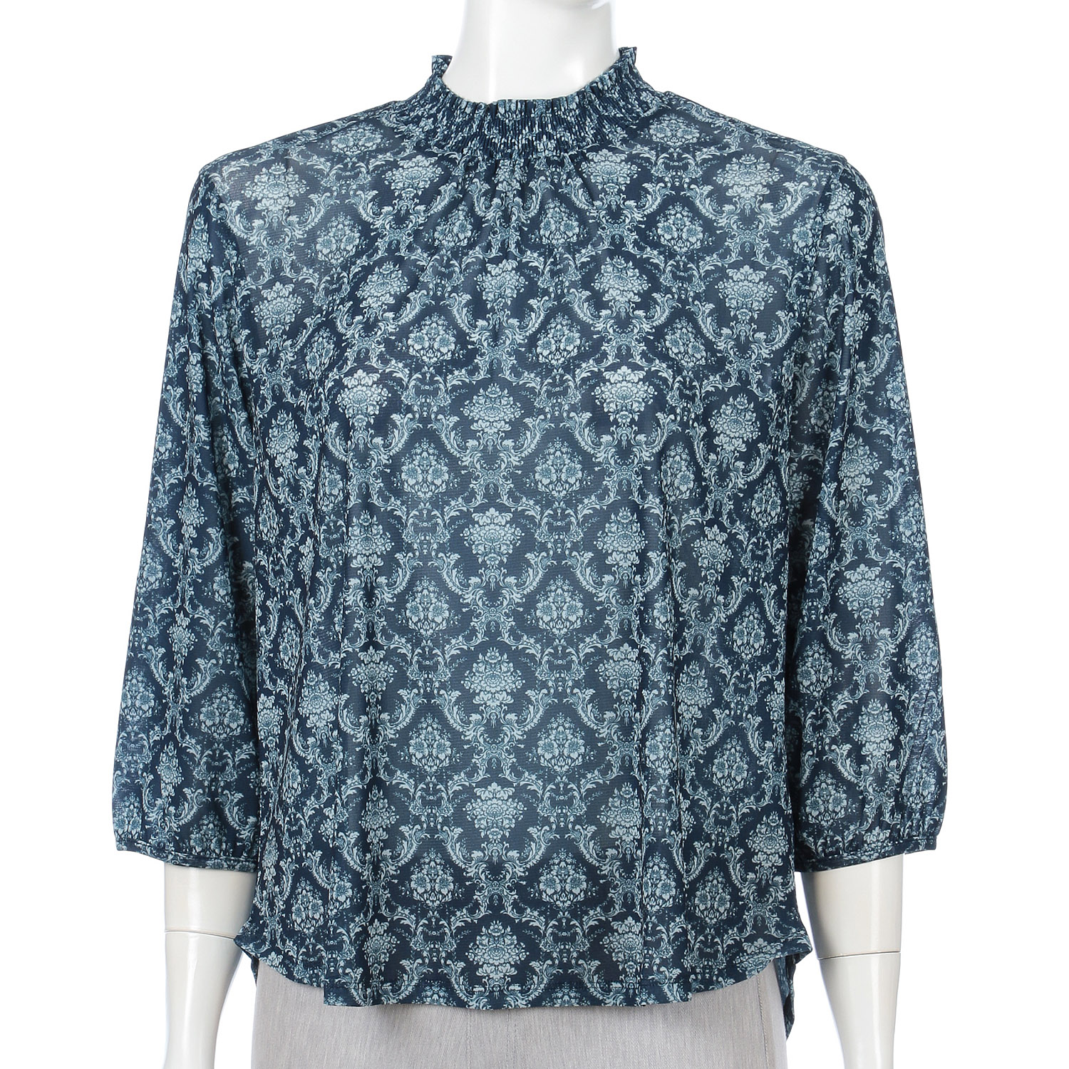 トリプルメッシュ更紗柄シャーリングハイネック七分袖プルオーバー - 画像6