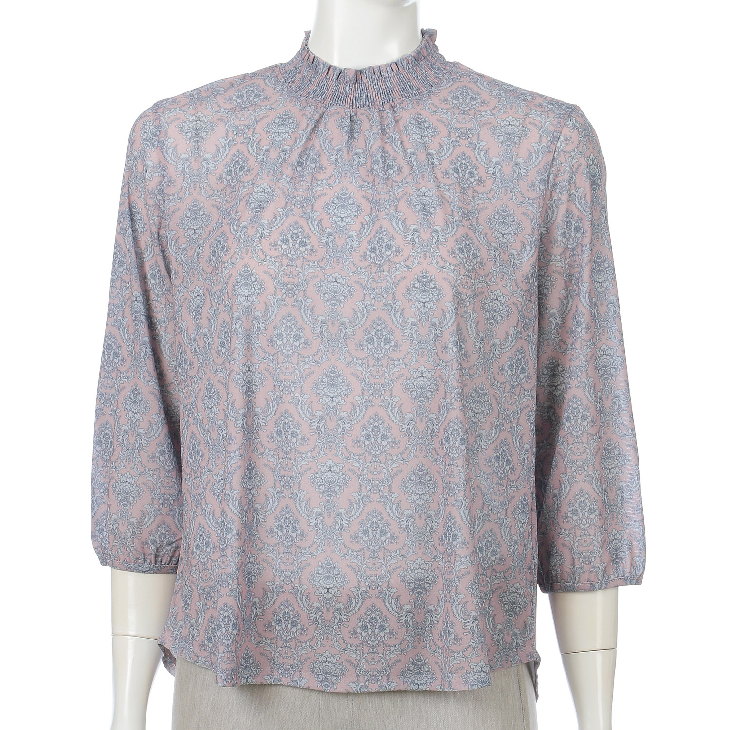 トリプルメッシュ更紗柄シャーリングハイネック七分袖プルオーバー