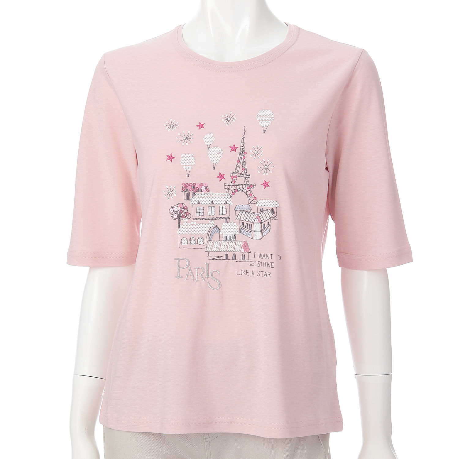 丸首5分袖刺繍 エッフェル塔柄Tシャツ - 画像1