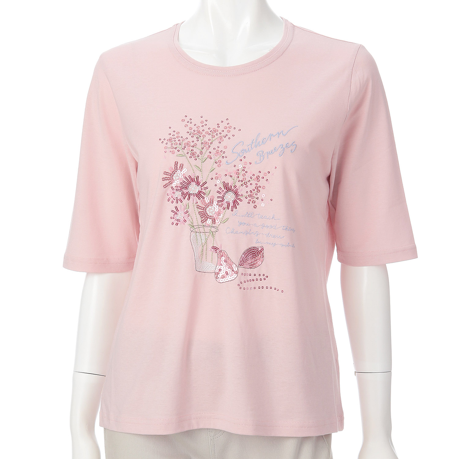 丸首5分袖刺繍 花瓶花柄Tシャツ - 画像3