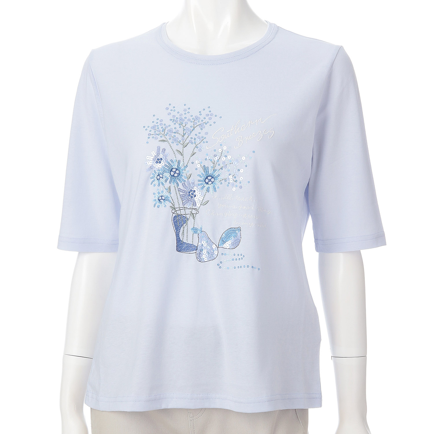 丸首5分袖刺繍 花瓶花柄Tシャツ - 画像6