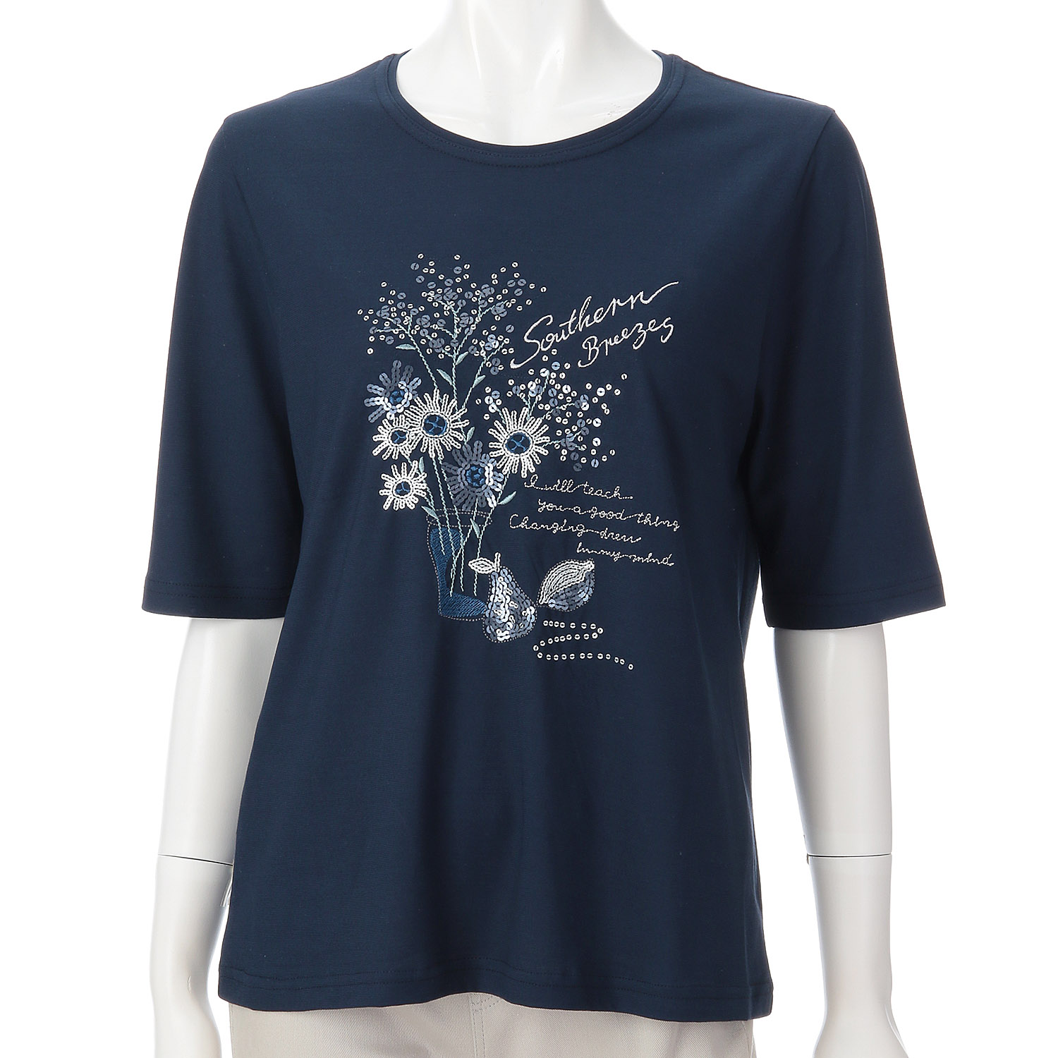 丸首5分袖刺繍 花瓶花柄Tシャツ - 画像7