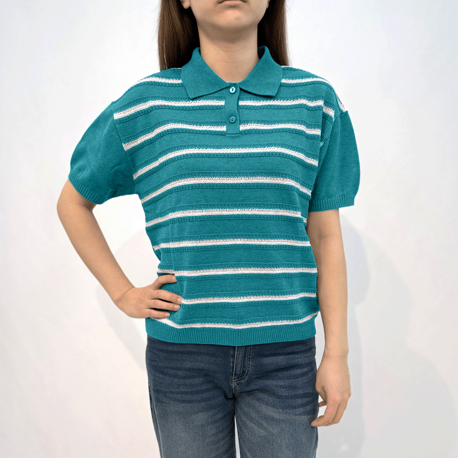 T’BIS STUDIO ボーダー柄半袖サマーニットポロシャツ - 画像9