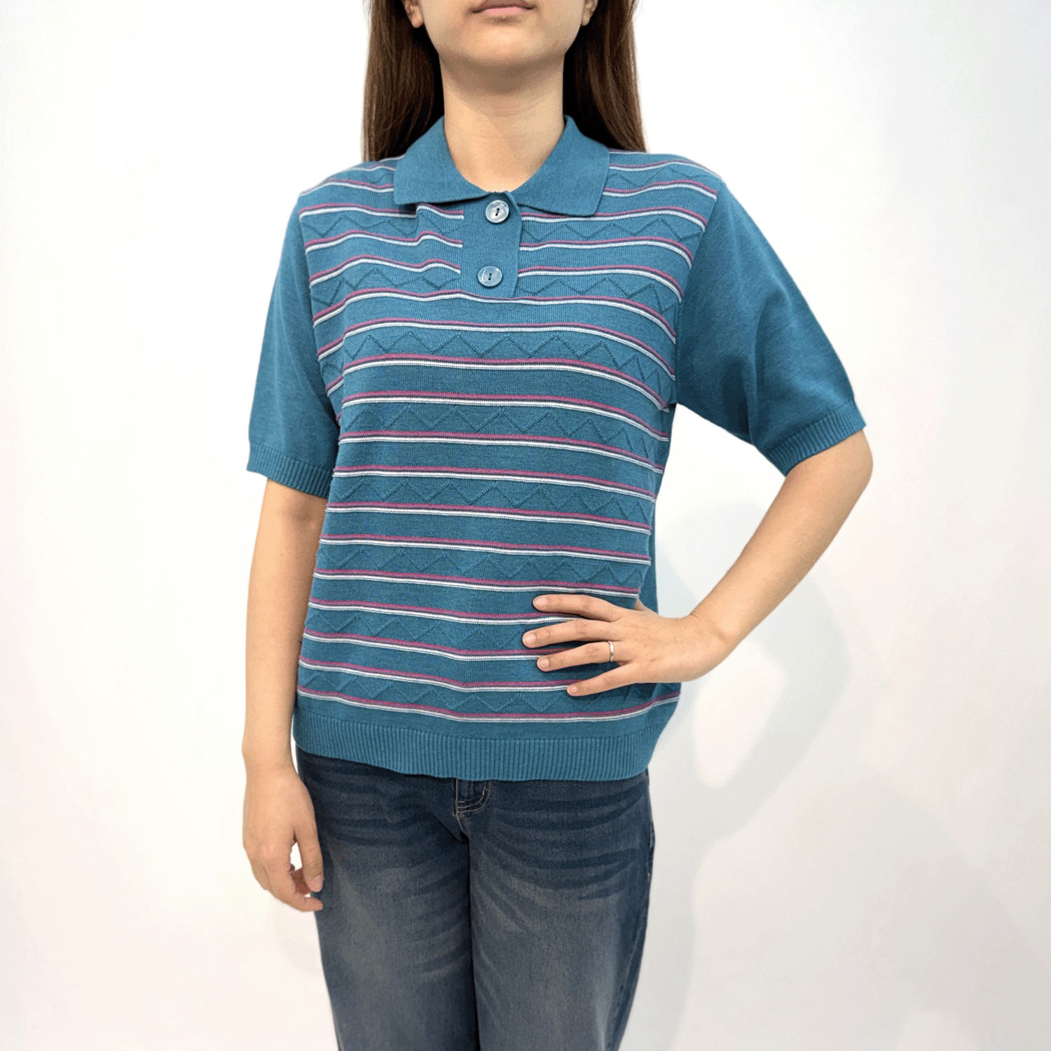 T’BIS STUDIO ボーダージグザグ柄半袖サマーニットポロシャツ