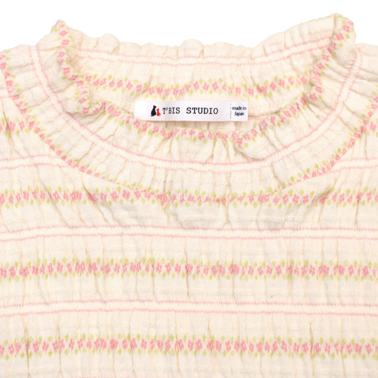 T’BIS STUDIO シャーリングジャカード小花柄ハイネック5分袖Tシャツ - 画像3