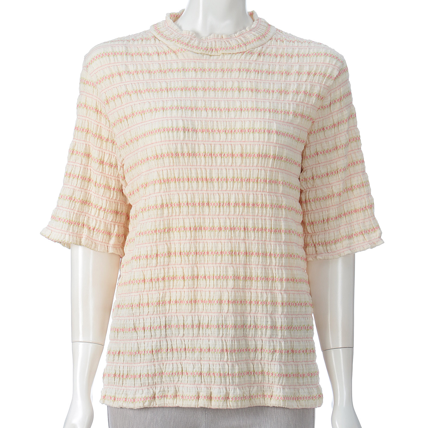 T’BIS STUDIO シャーリングジャカード小花柄ハイネック5分袖Tシャツ - 画像7