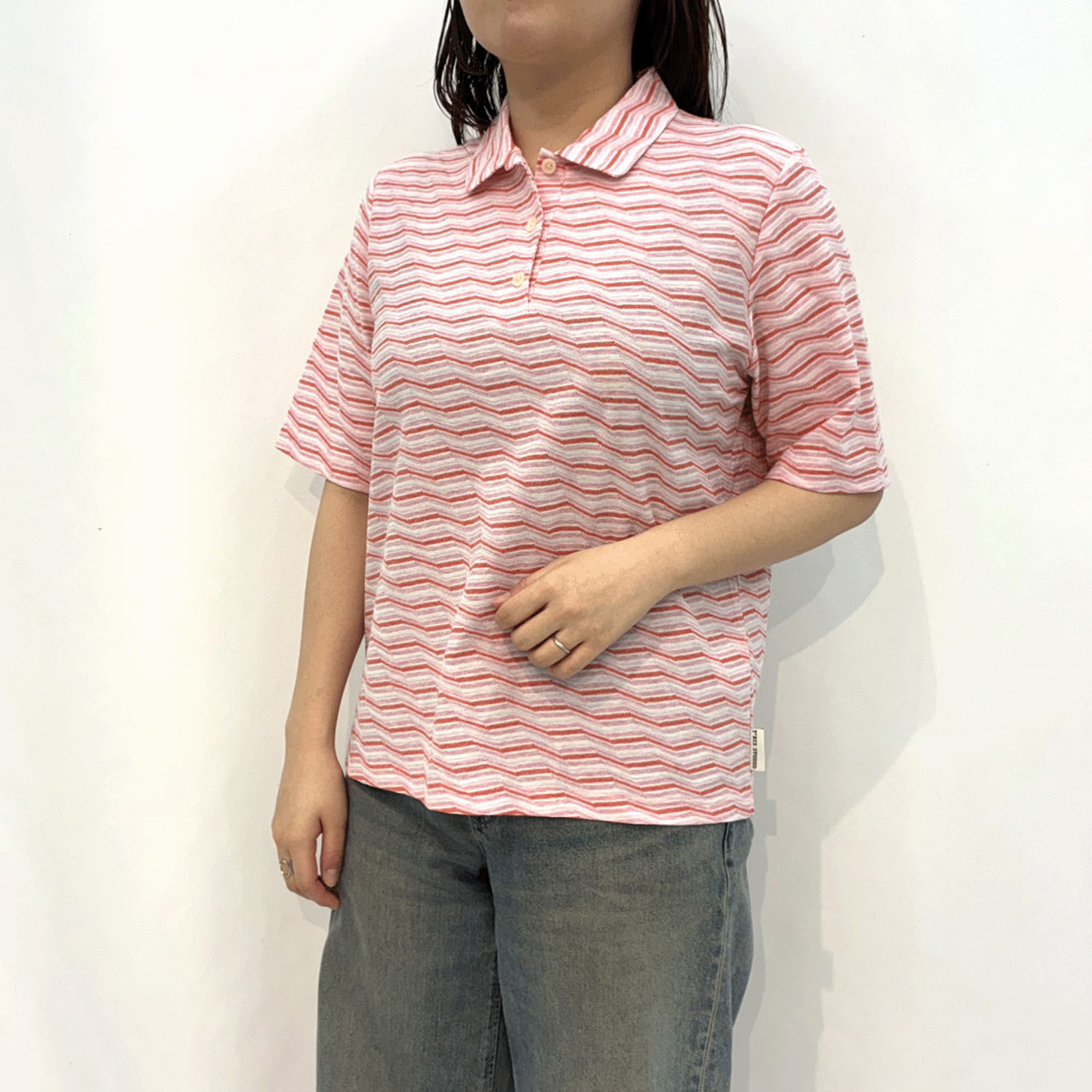 T’BIS STUDIO ギザギザ波々タックボーダー5分袖ポロシャツ - 画像1