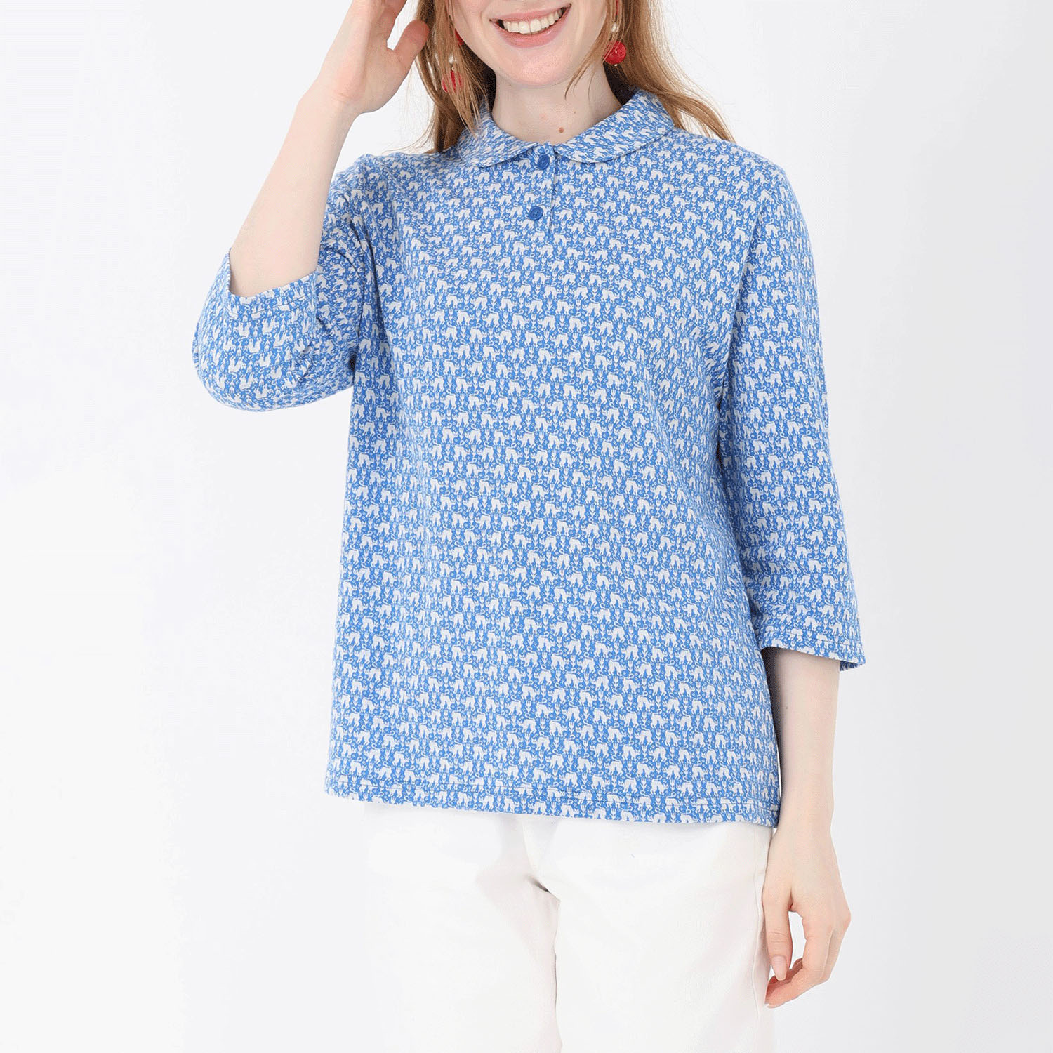 T’BIS STUDIO ネコ柄シングルジャカード丸襟7分袖ポロシャツ - 画像11