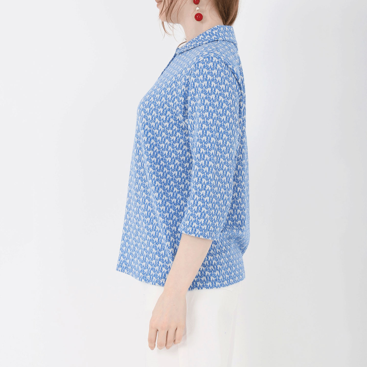 T’BIS STUDIO ネコ柄シングルジャカード丸襟7分袖ポロシャツ - 画像12