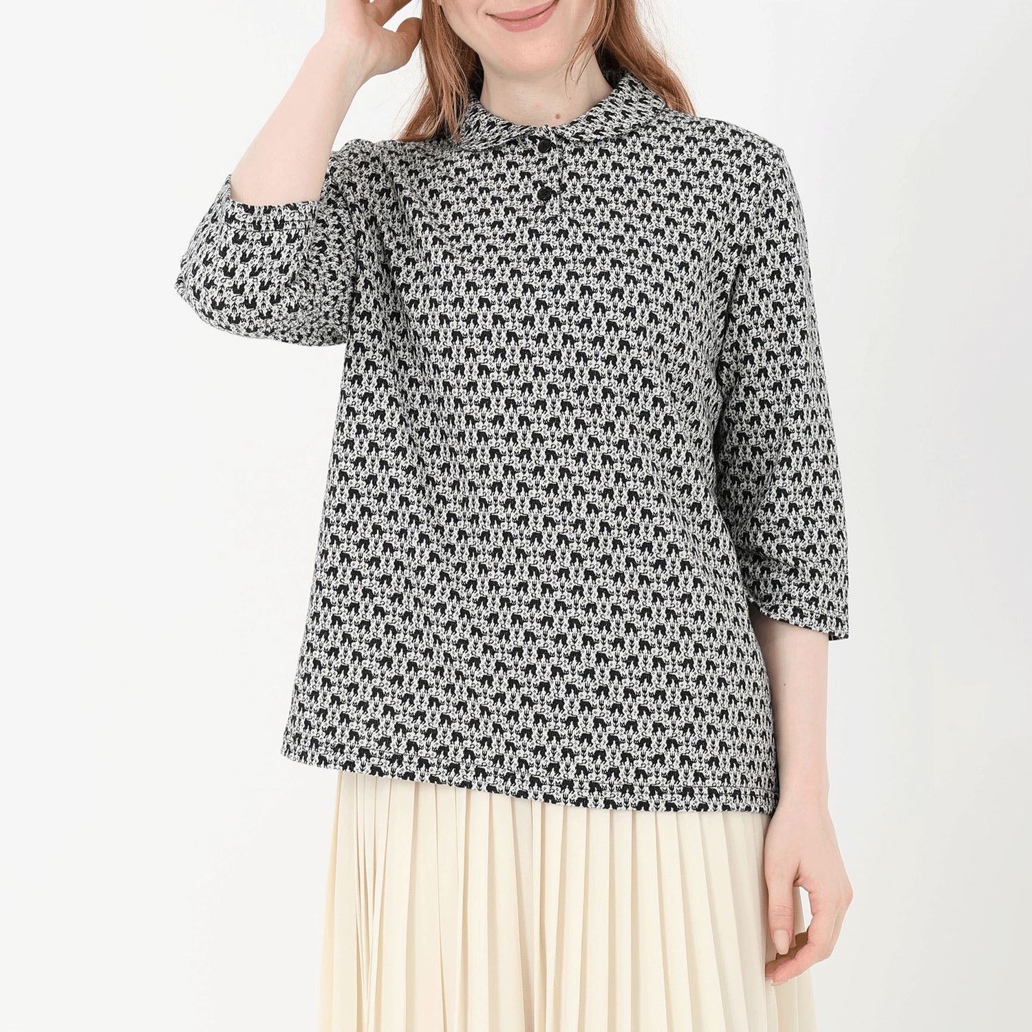 T’BIS STUDIO ネコ柄シングルジャカード丸襟7分袖ポロシャツ - 画像3