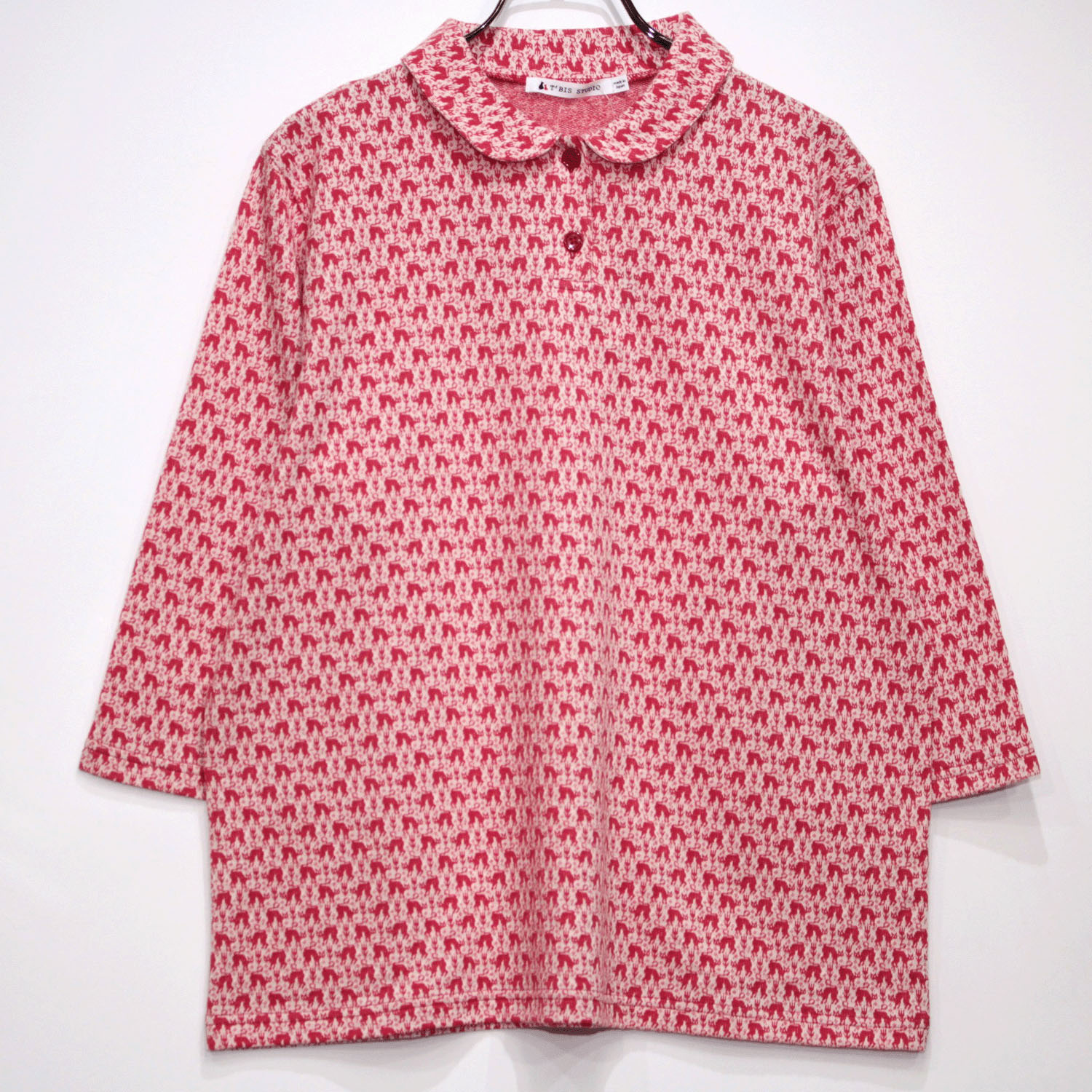 T’BIS STUDIO ネコ柄シングルジャカード丸襟7分袖ポロシャツ - 画像9