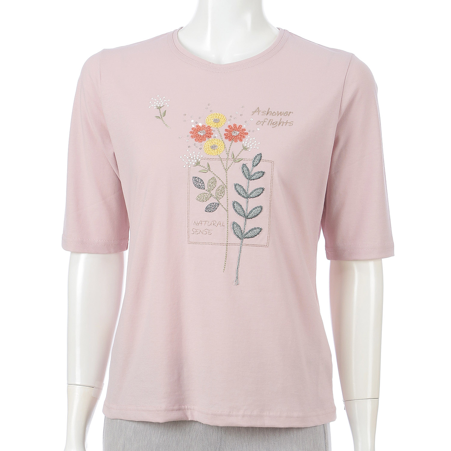 丸首5分袖刺繍T花柄 - 画像3