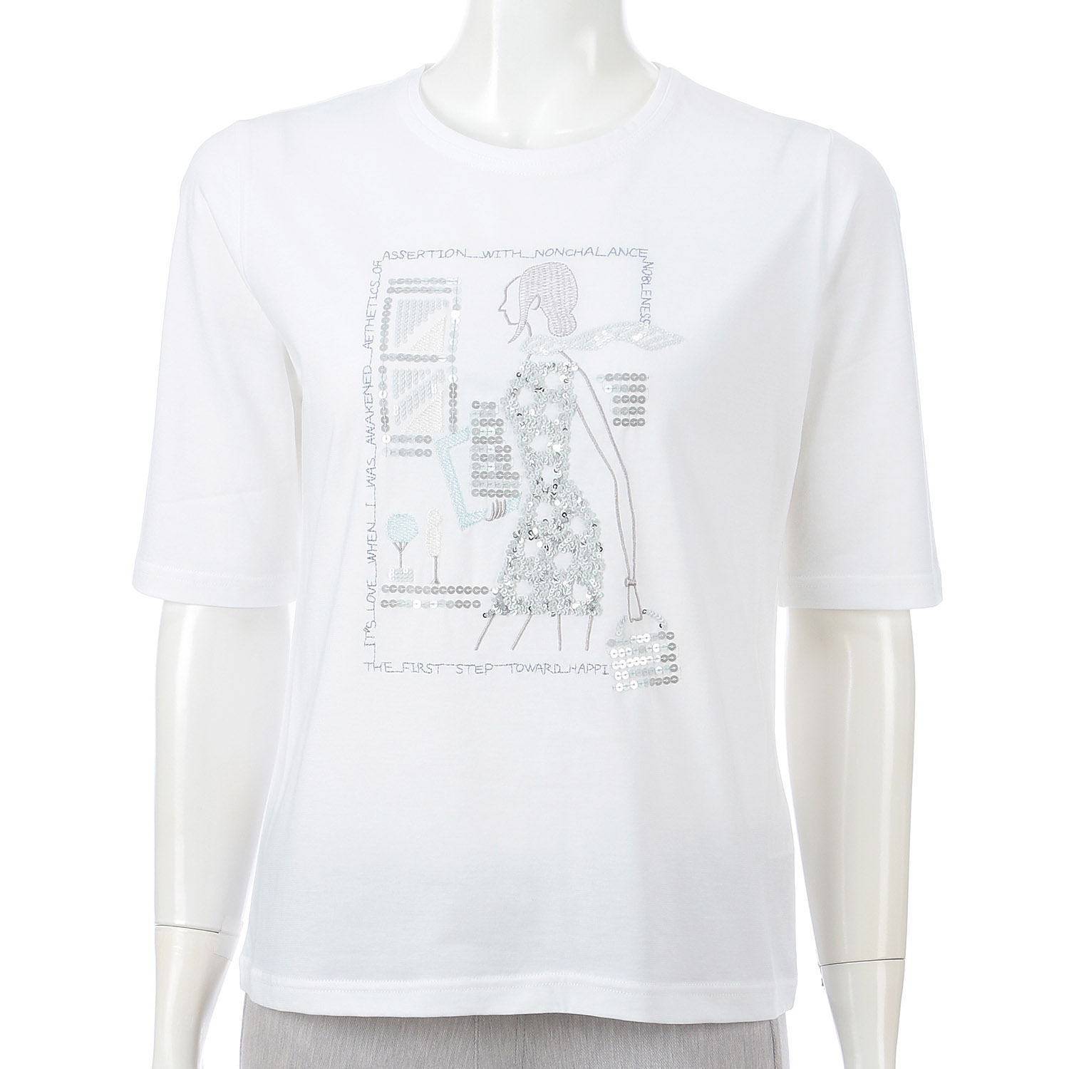 丸首5分袖刺繍T女性柄