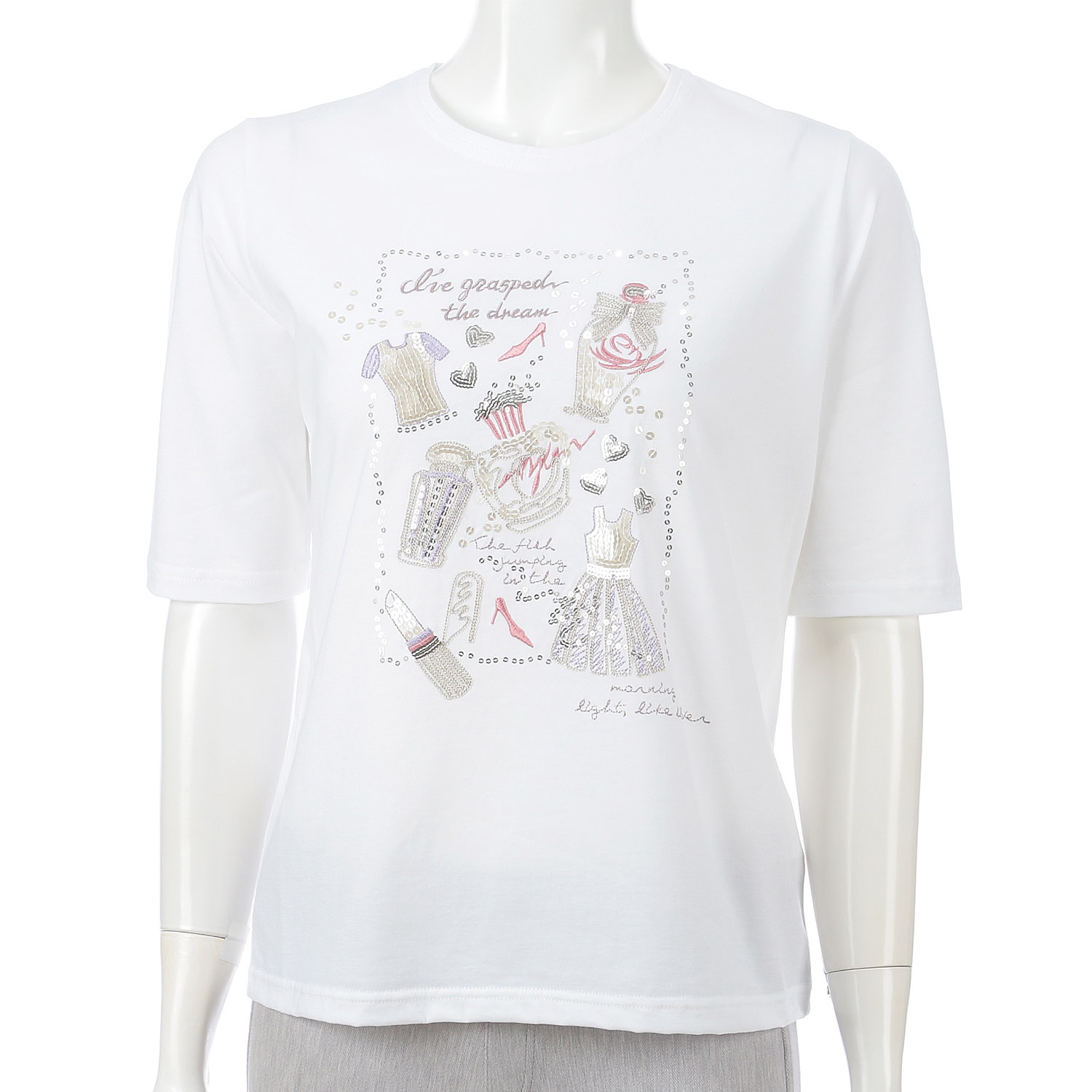 丸首5分袖刺繍T ドレス柄 - 画像2