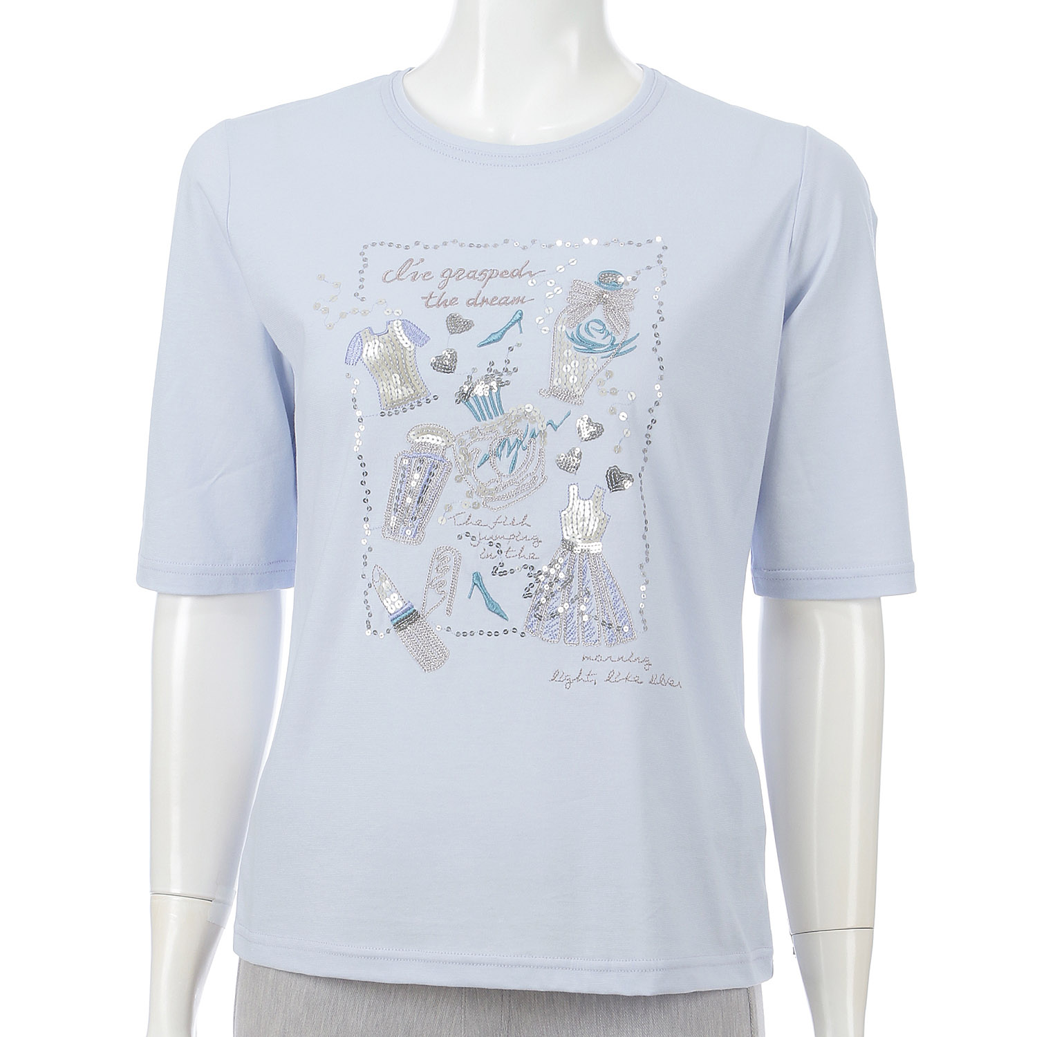 丸首5分袖刺繍T ドレス柄 - 画像1