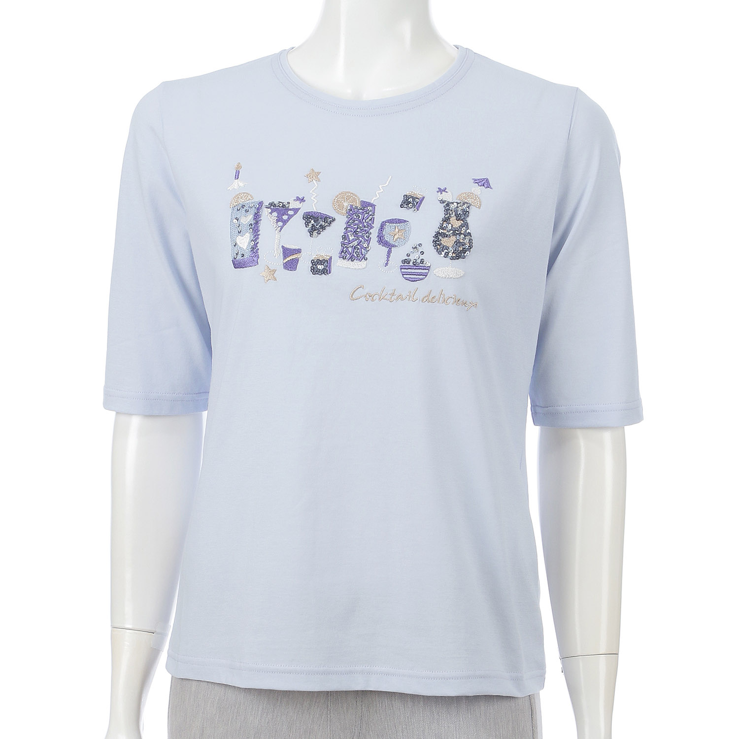 丸首5分袖刺繍T グラス柄 - 画像6