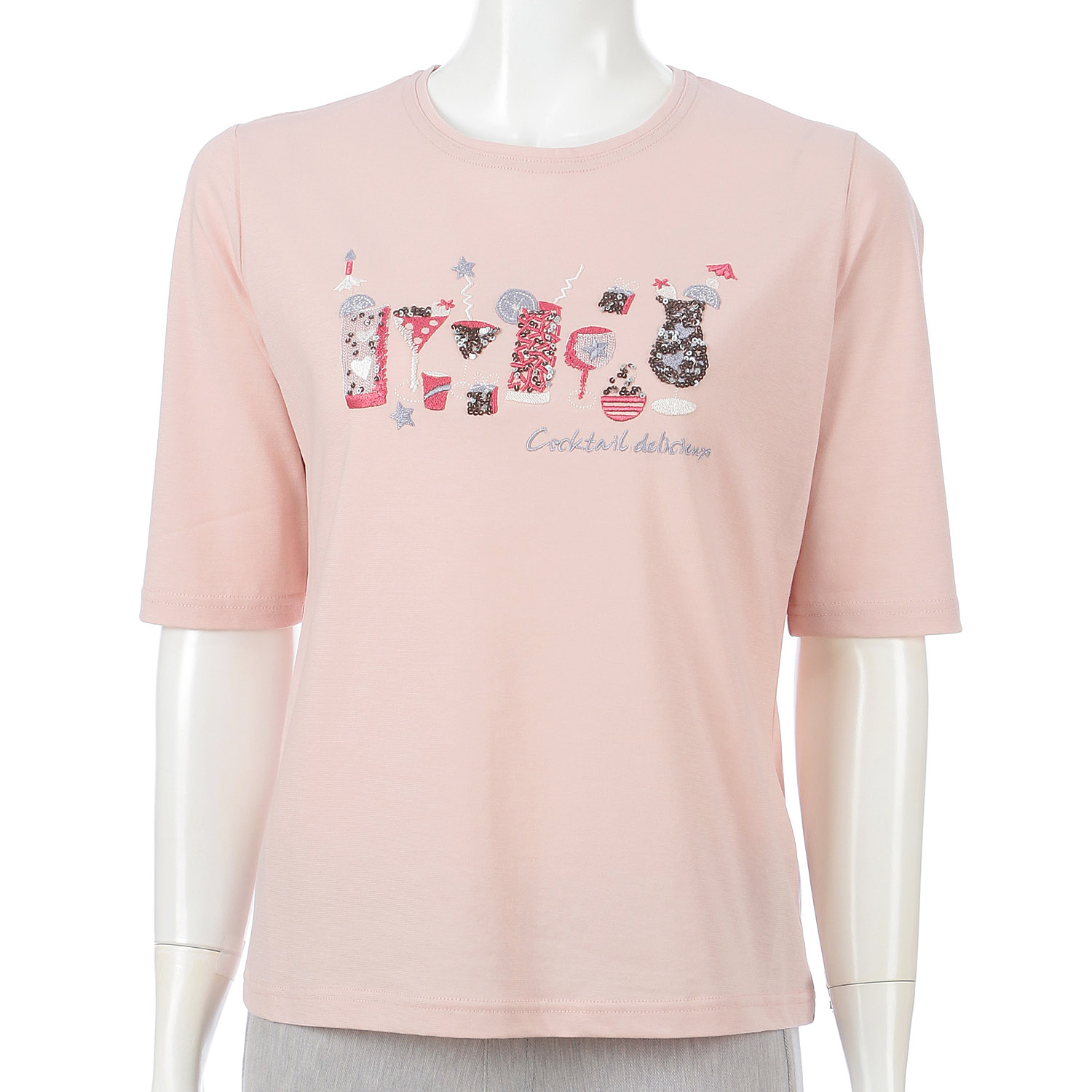 丸首5分袖刺繍T グラス柄 - 画像1