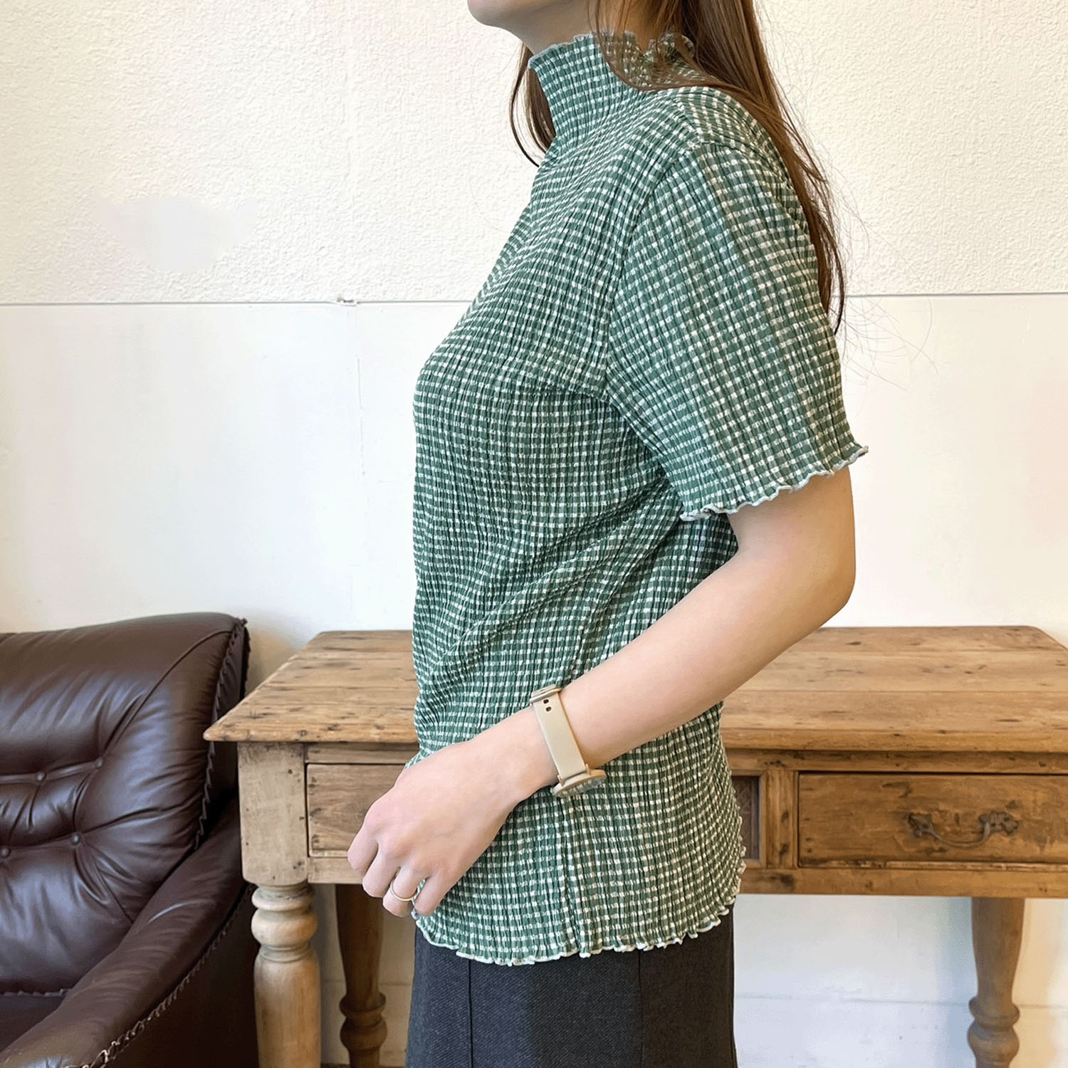 ギンガム楊柳ボトルネックカットソー - 画像8