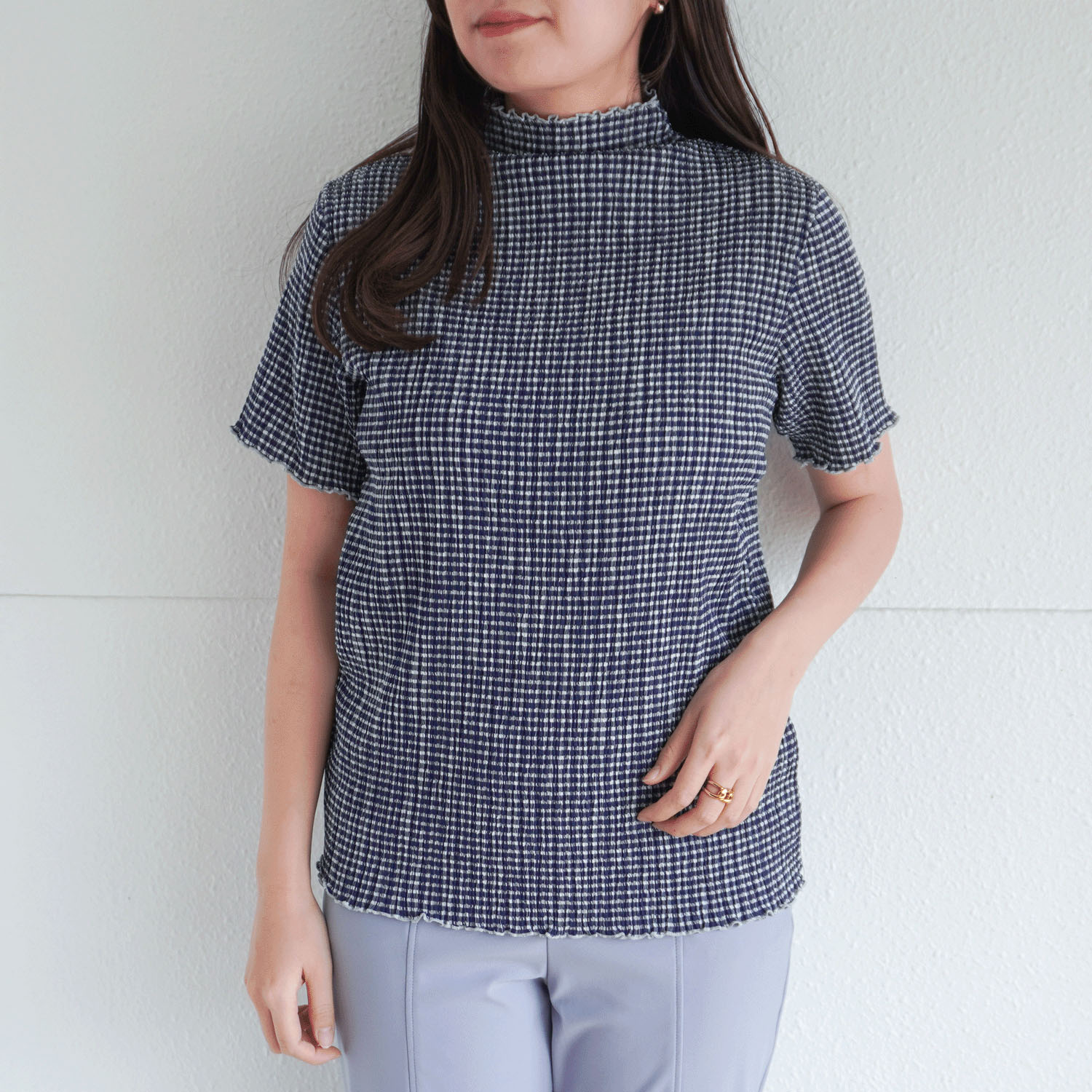 ギンガム楊柳ボトルネックカットソー