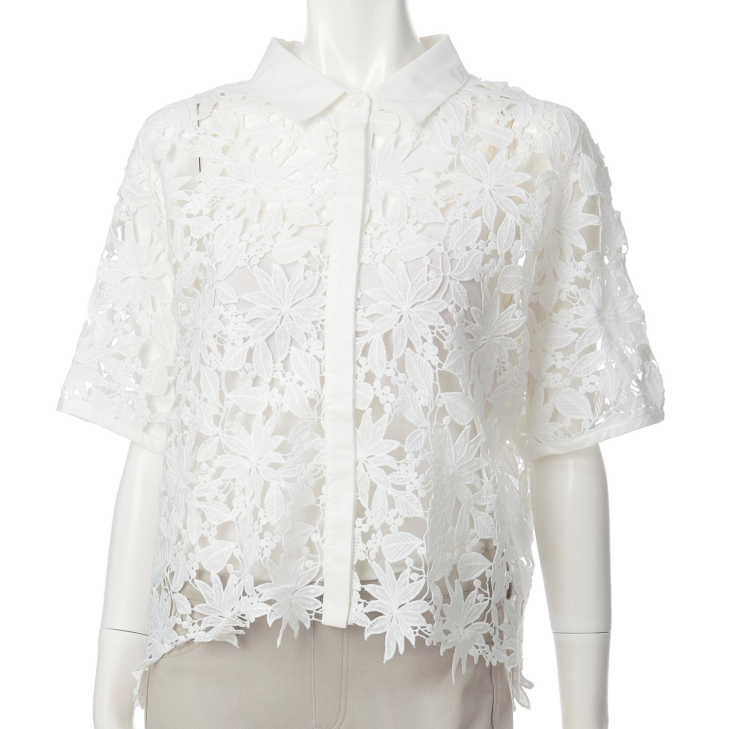 レース襟付きショート丈前開きブラウス - 画像1