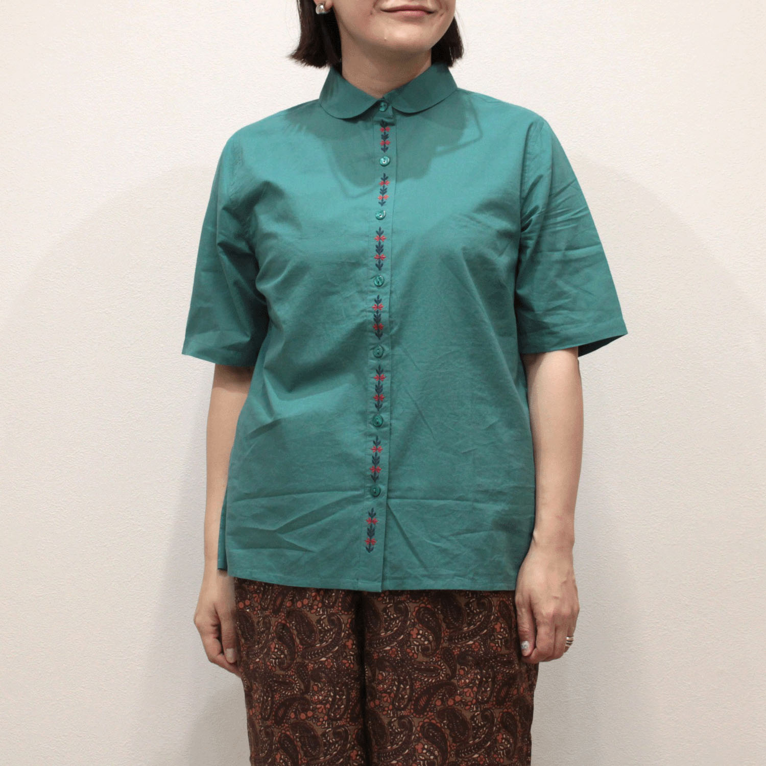 notorico 前立て刺繍半袖丸襟インド綿シャツ - 画像14