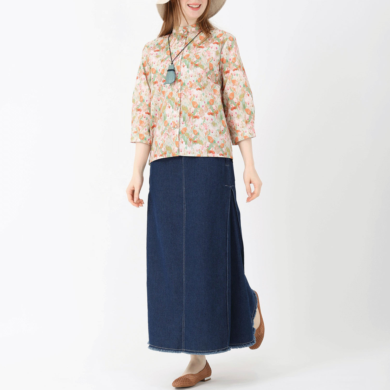 T’BIS STUDIO 7分袖水彩花柄スタンドネックシャツ - 画像7