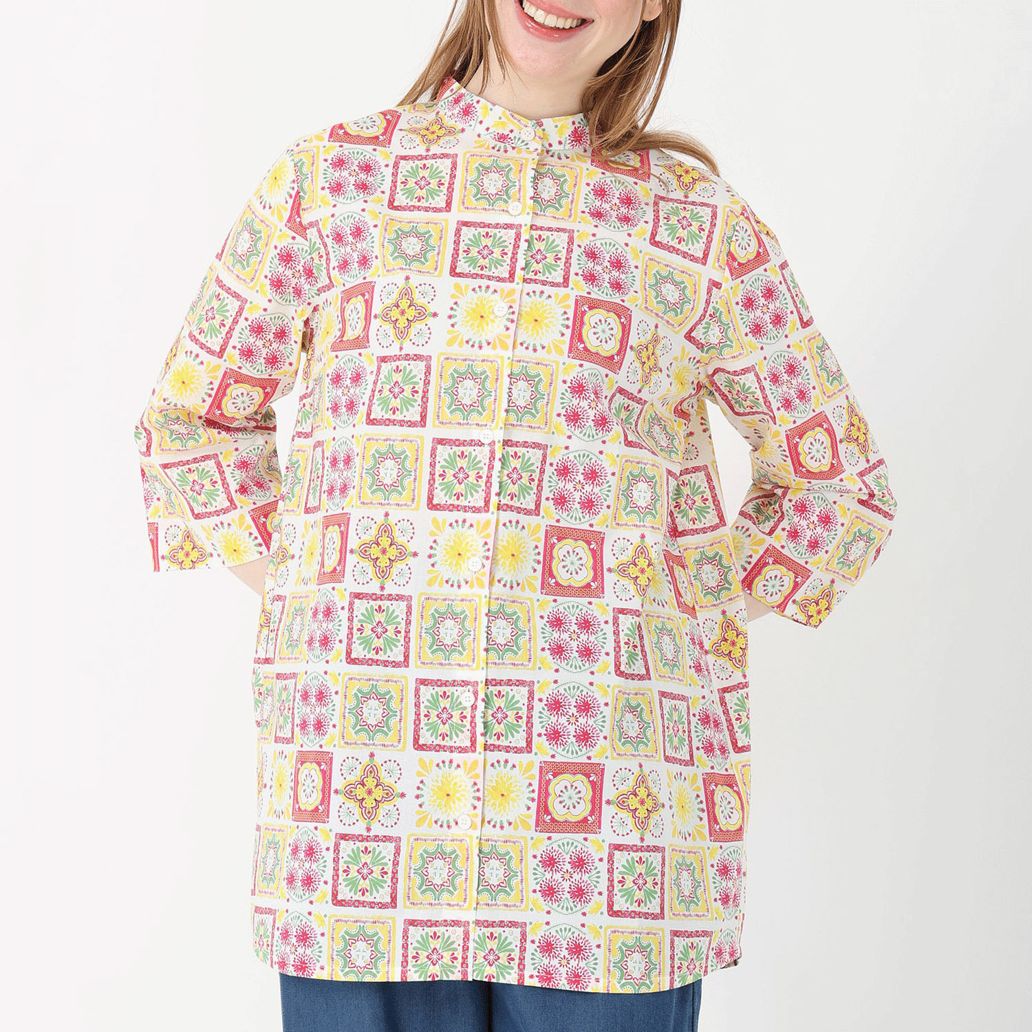 T’BIS STUDIO お花タイル柄七分袖チュニック丈シャツ - 画像5