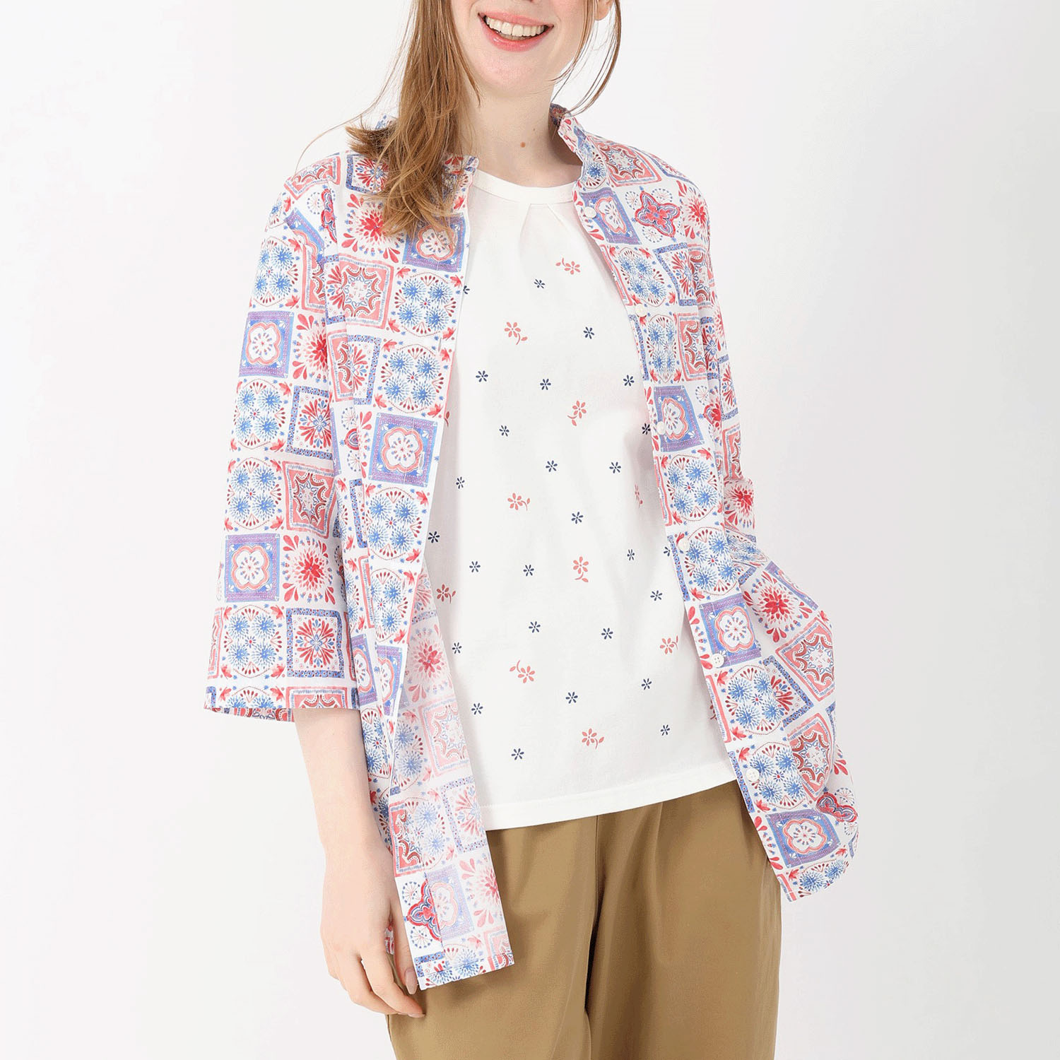 T’BIS STUDIO お花タイル柄七分袖チュニック丈シャツ - 画像9