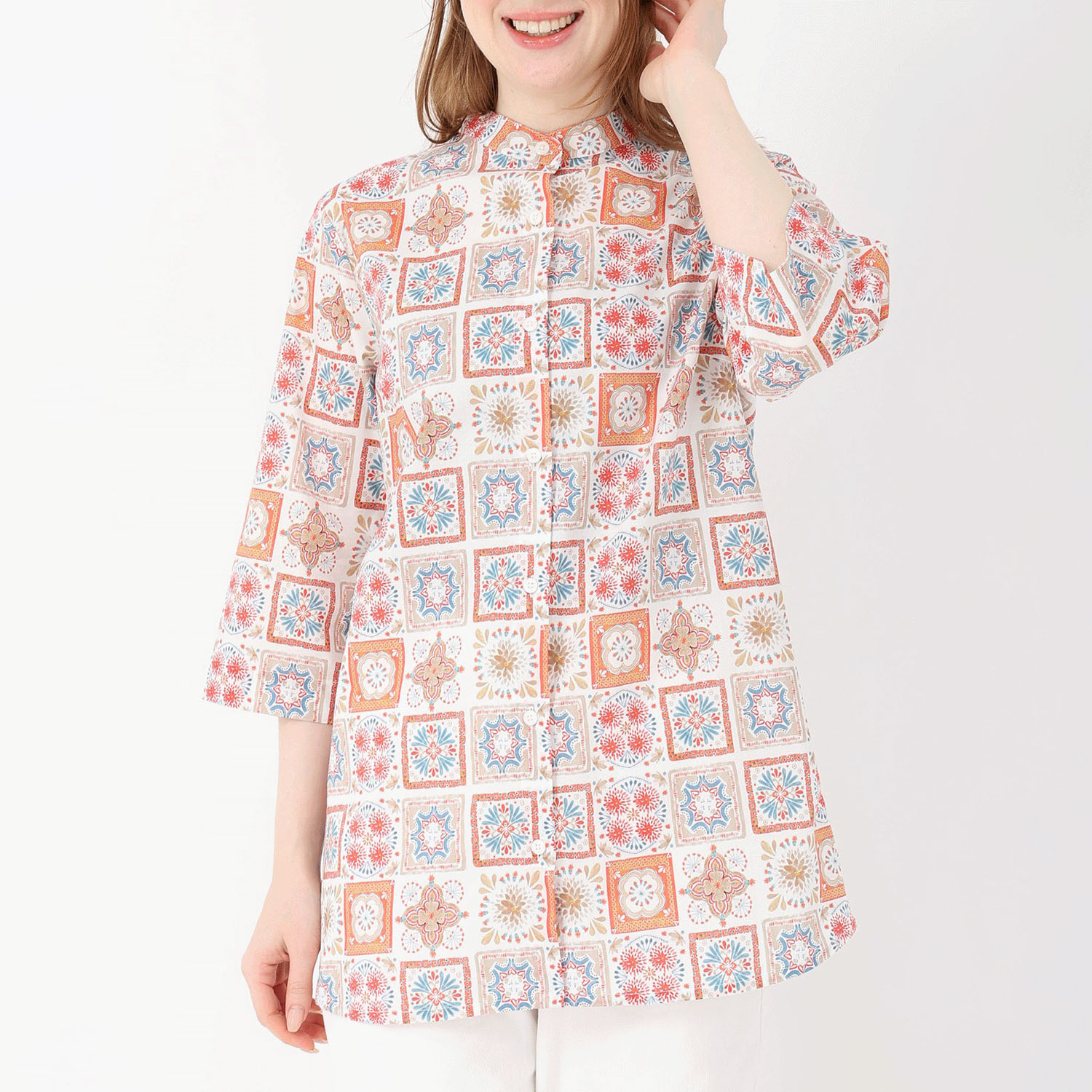 T’BIS STUDIO お花タイル柄七分袖チュニック丈シャツ