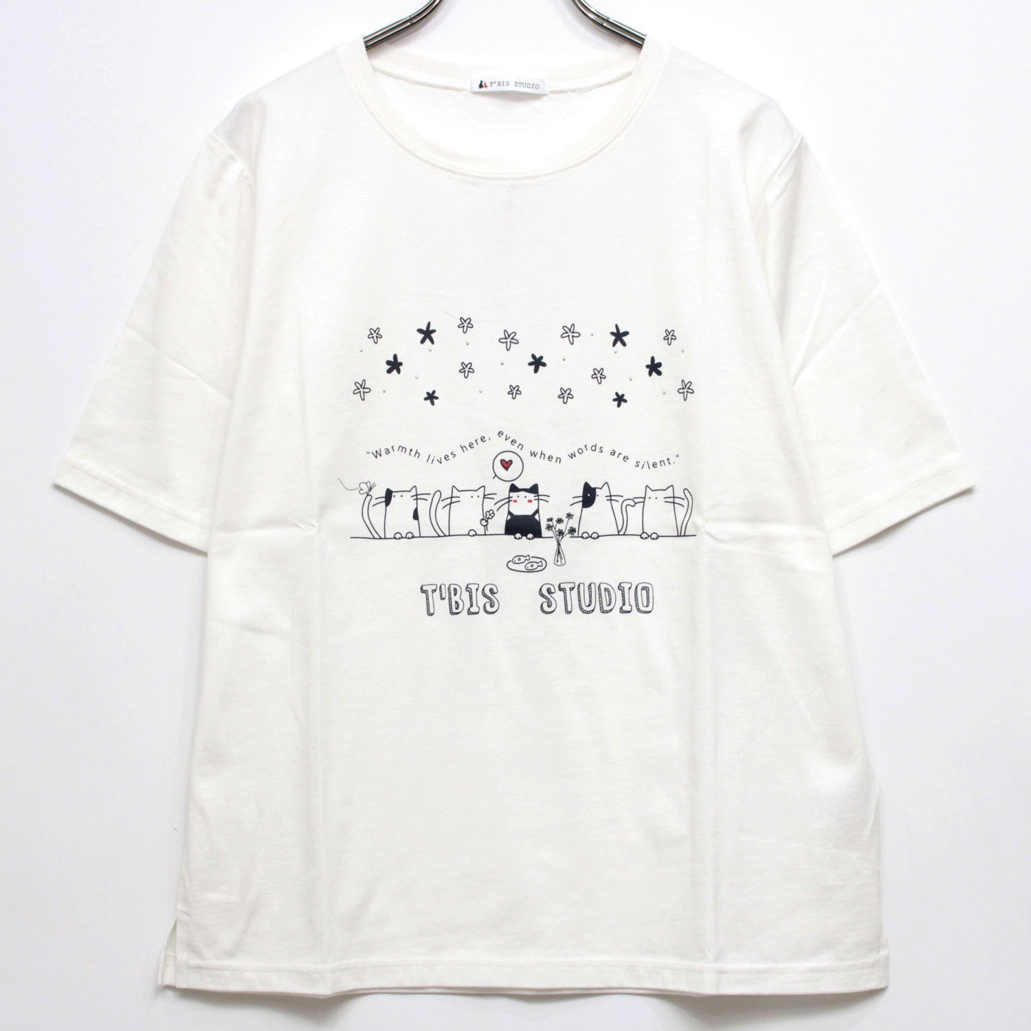 T’BIS STUDIO ネコの晩餐プリントクルーネック半袖カットソー