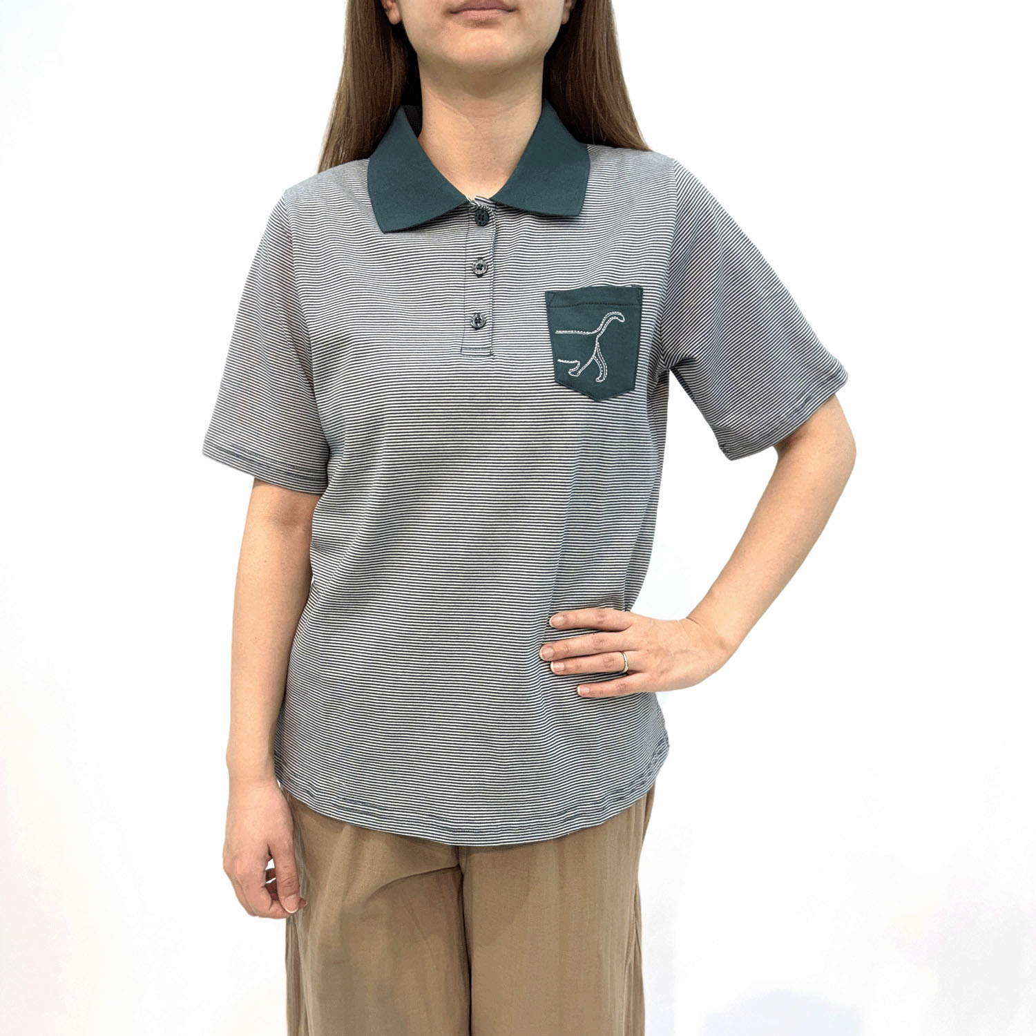 T’BIS STUDIO 冷感ネコポケット付き天竺ボーダー半袖ポロシャツ