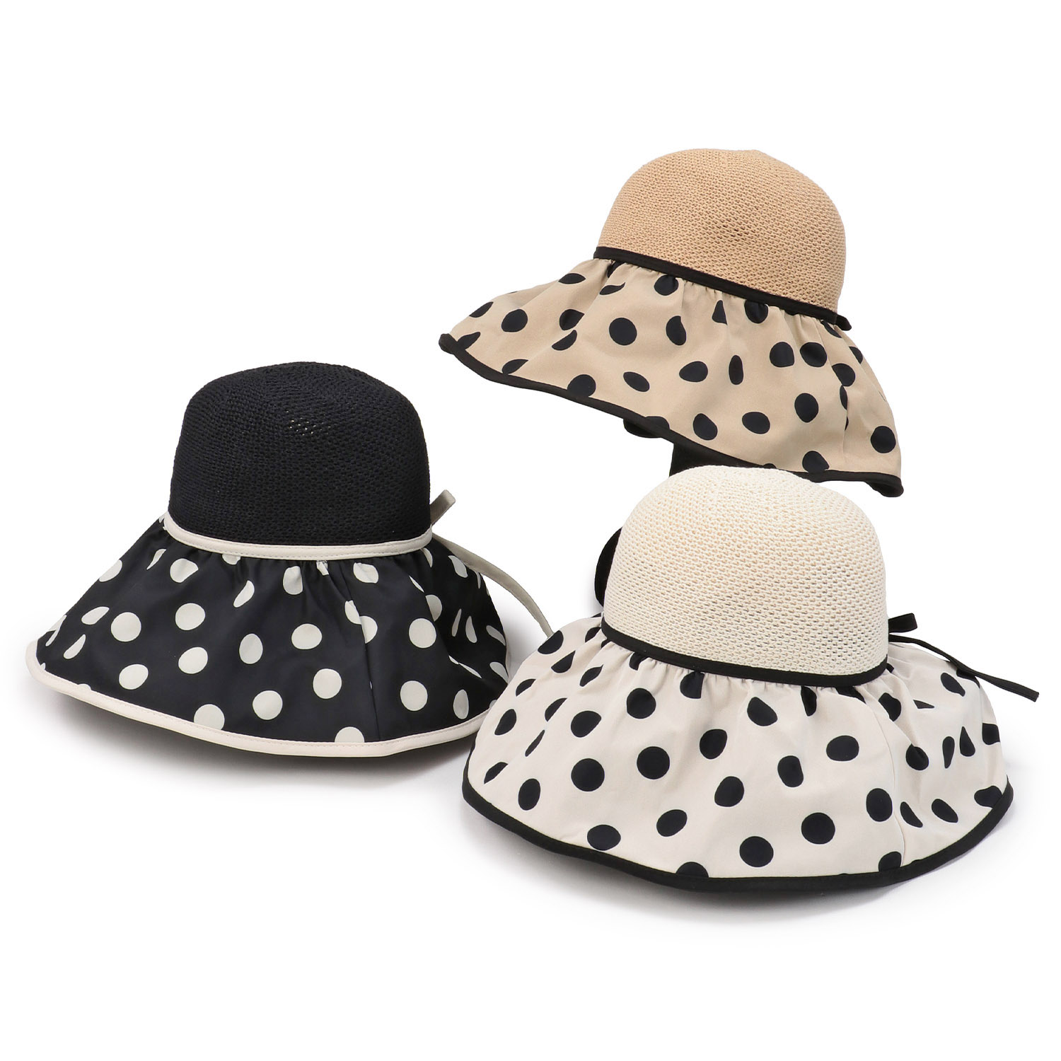 【ブラック、オフホワイト終了】つば広ドット切替ハット