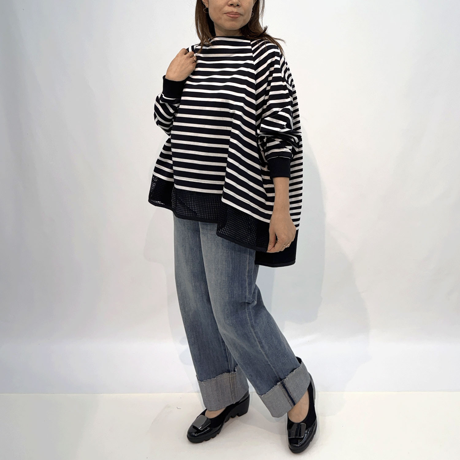 ハルズアミ メッシュヘムボーダーフレアプルオーバー - 画像1