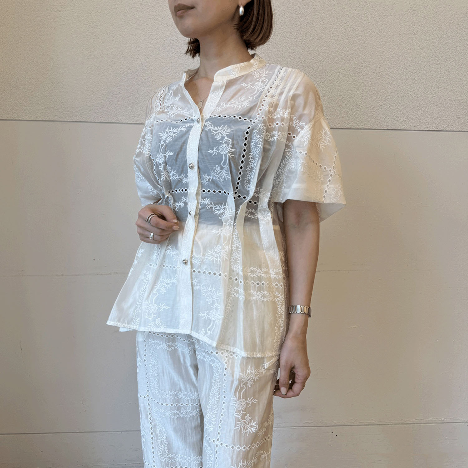 ハルズアミ タックウエストレースブラウス