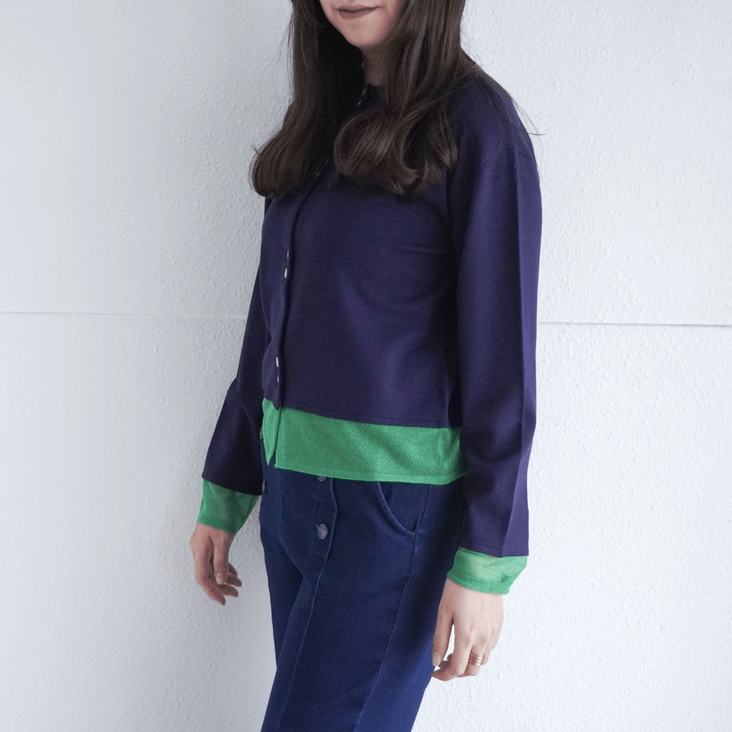 袖口裾シアー配色カーディガン - 画像2