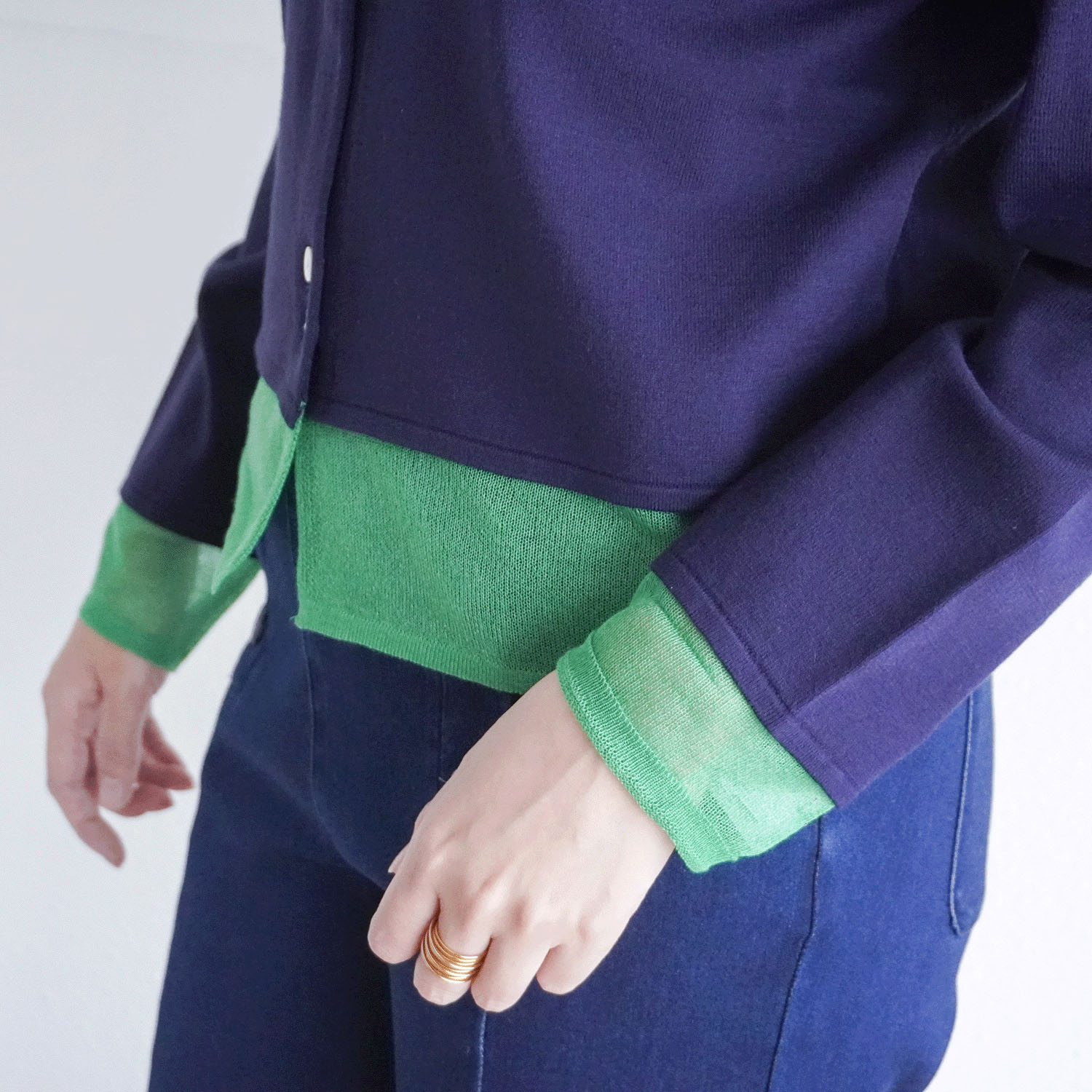 袖口裾シアー配色カーディガン - 画像3