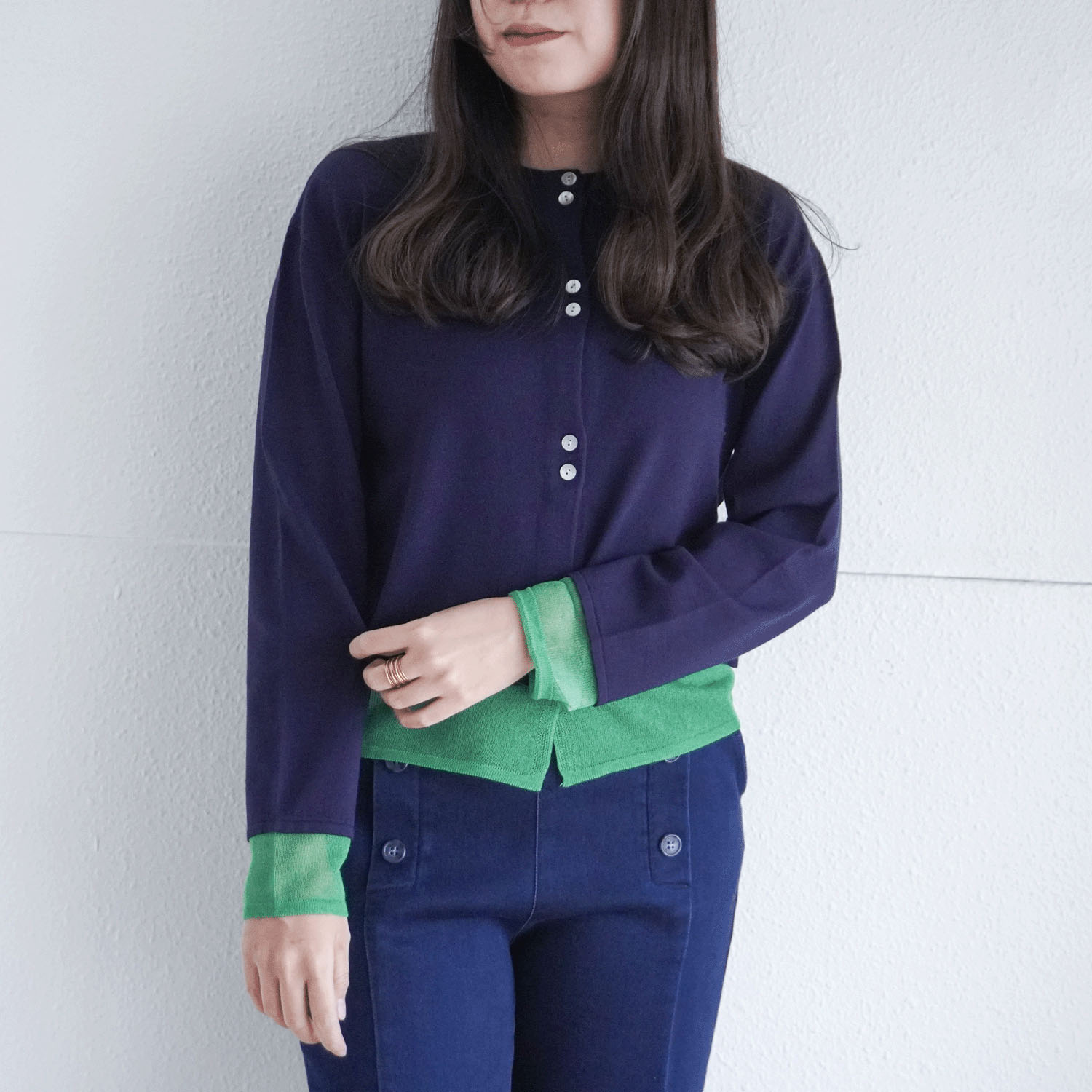 袖口裾シアー配色カーディガン