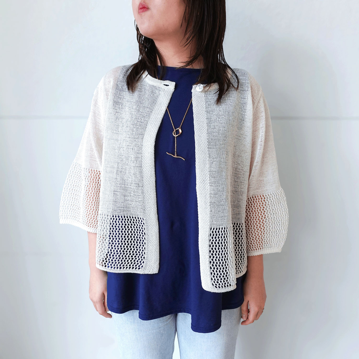 抄繊糸透かし編み1釦カーディガン - 画像14