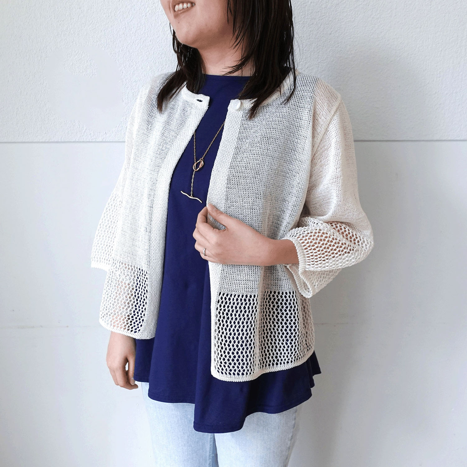 抄繊糸透かし編み1釦カーディガン - 画像15