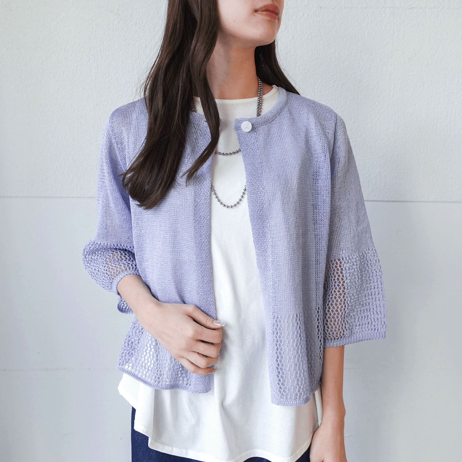 抄繊糸透かし編み1釦カーディガン - 画像20