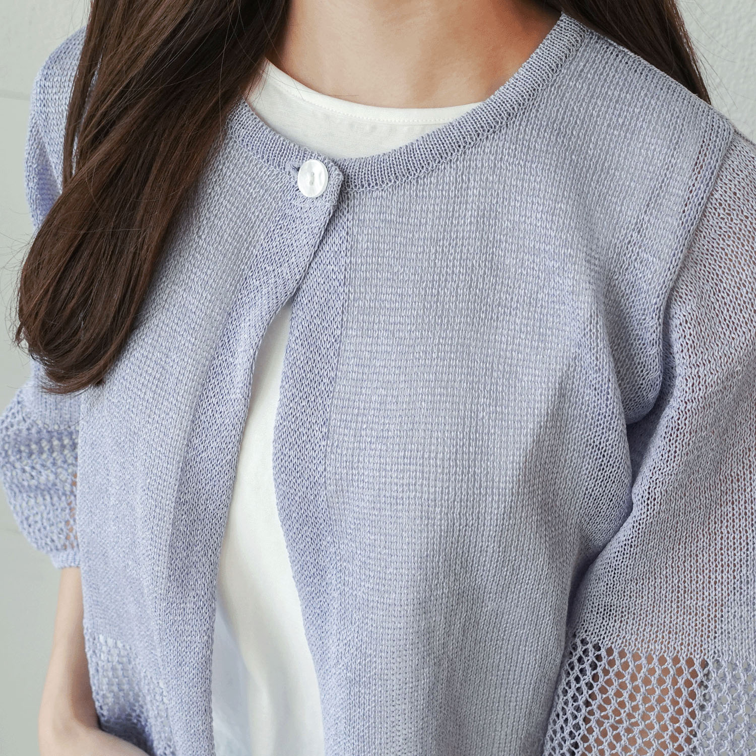 抄繊糸透かし編み1釦カーディガン - 画像4