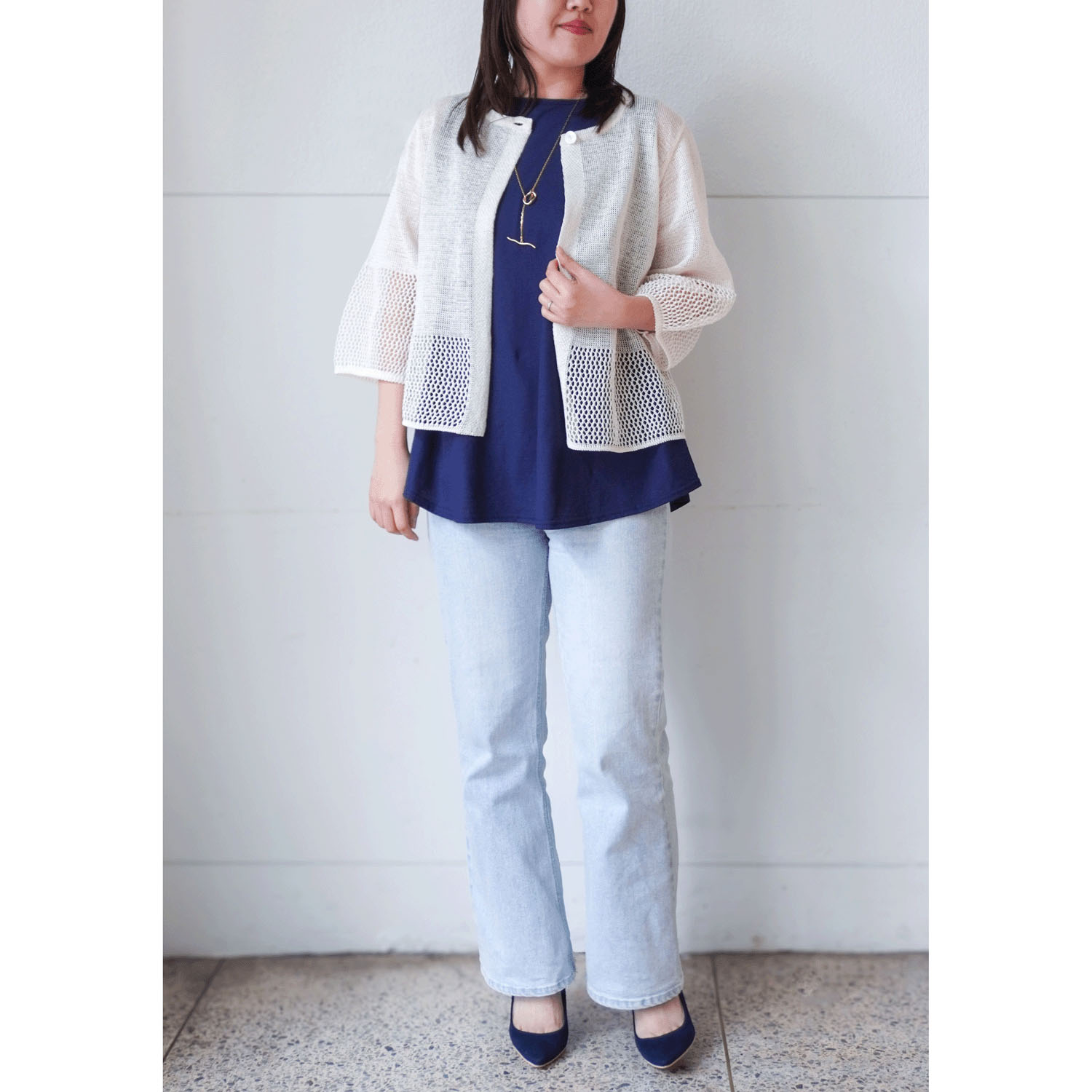 抄繊糸透かし編み1釦カーディガン - 画像6