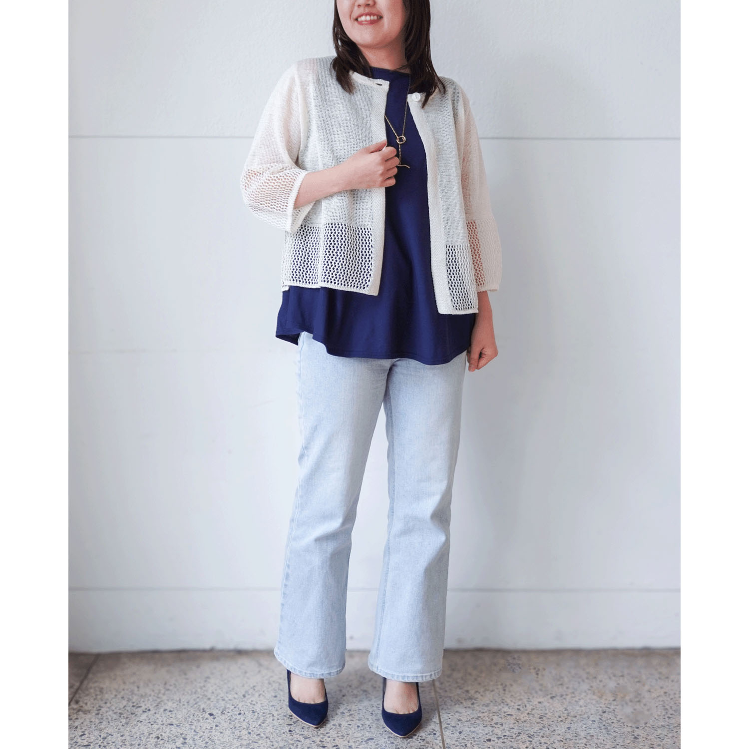 抄繊糸透かし編み1釦カーディガン - 画像7