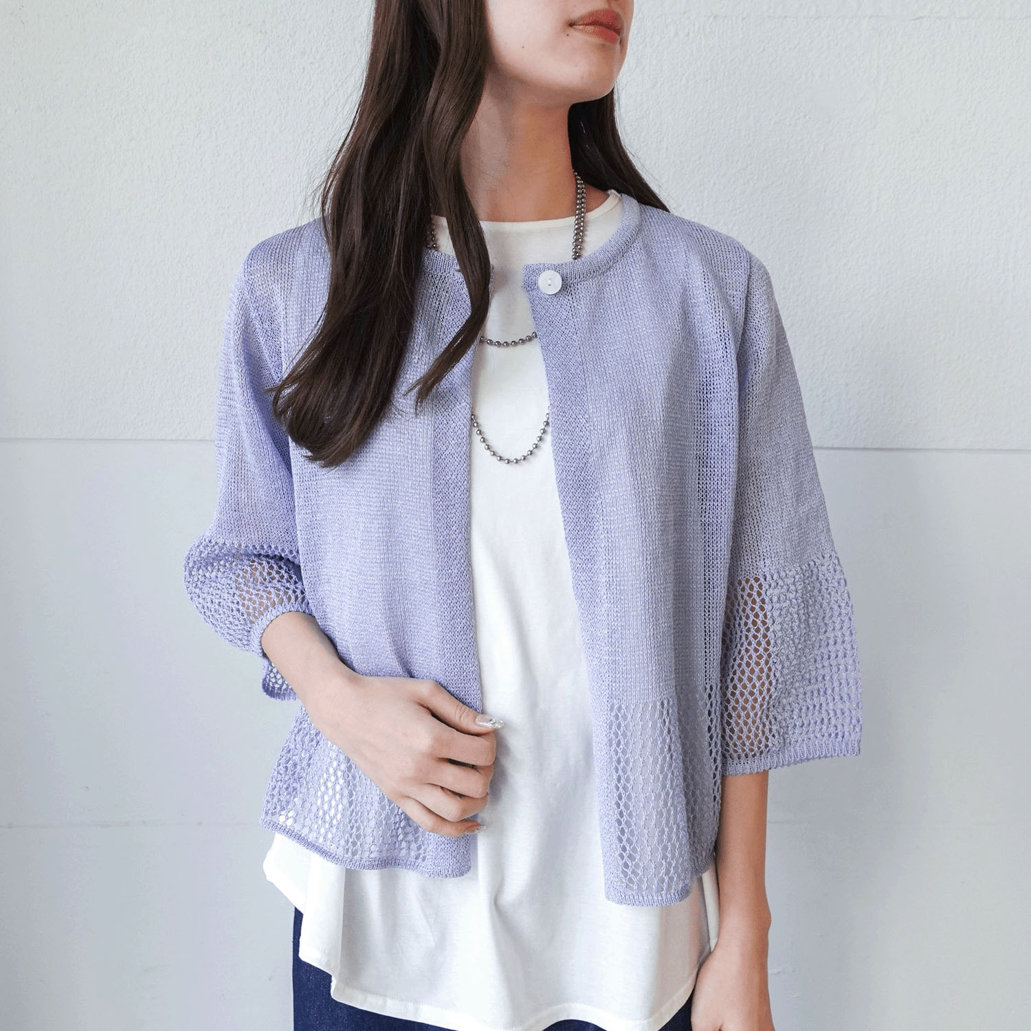 抄繊糸透かし編み1釦カーディガン