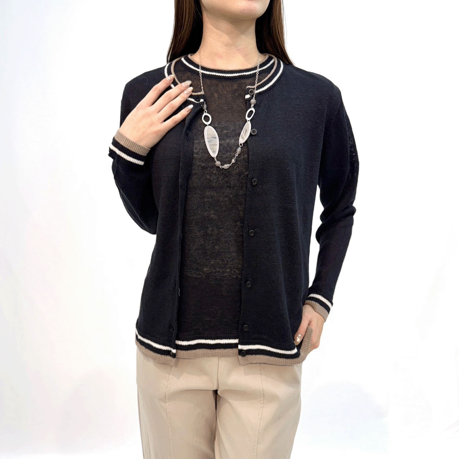 麻100％3配色カーディガン - 画像6