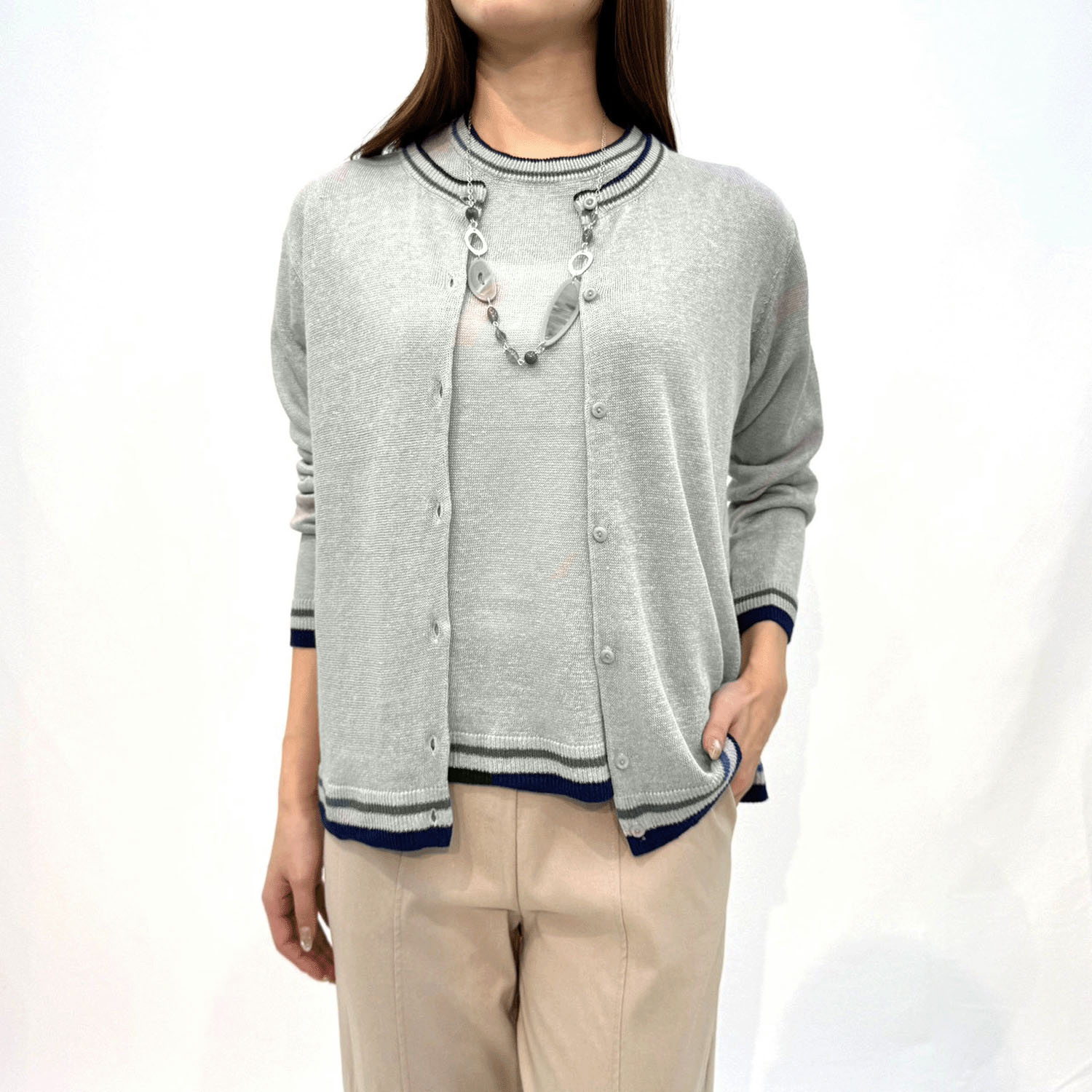 麻100％3配色カーディガン