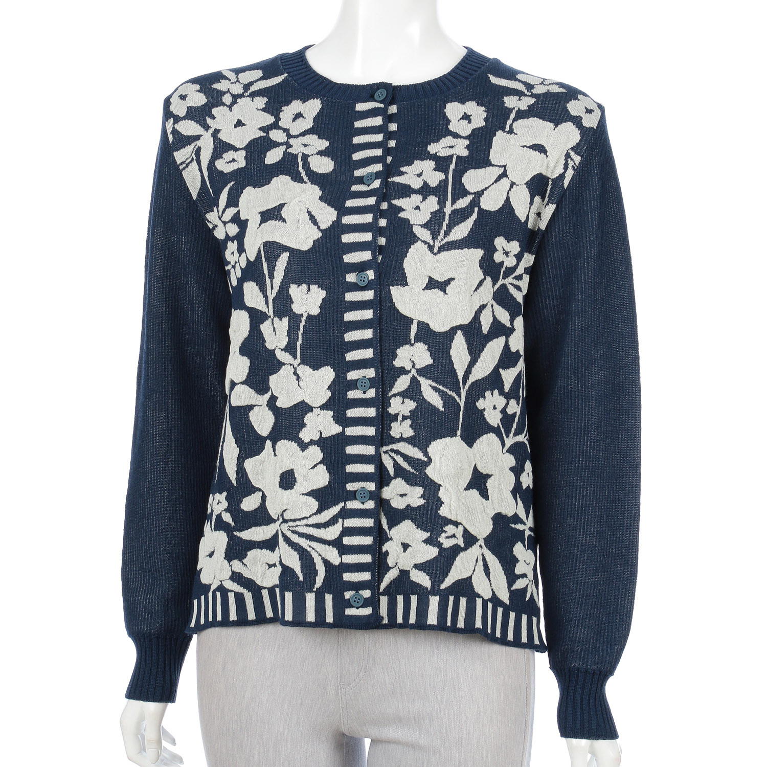 花柄膨れジャガード丸首カーディガン - 画像10