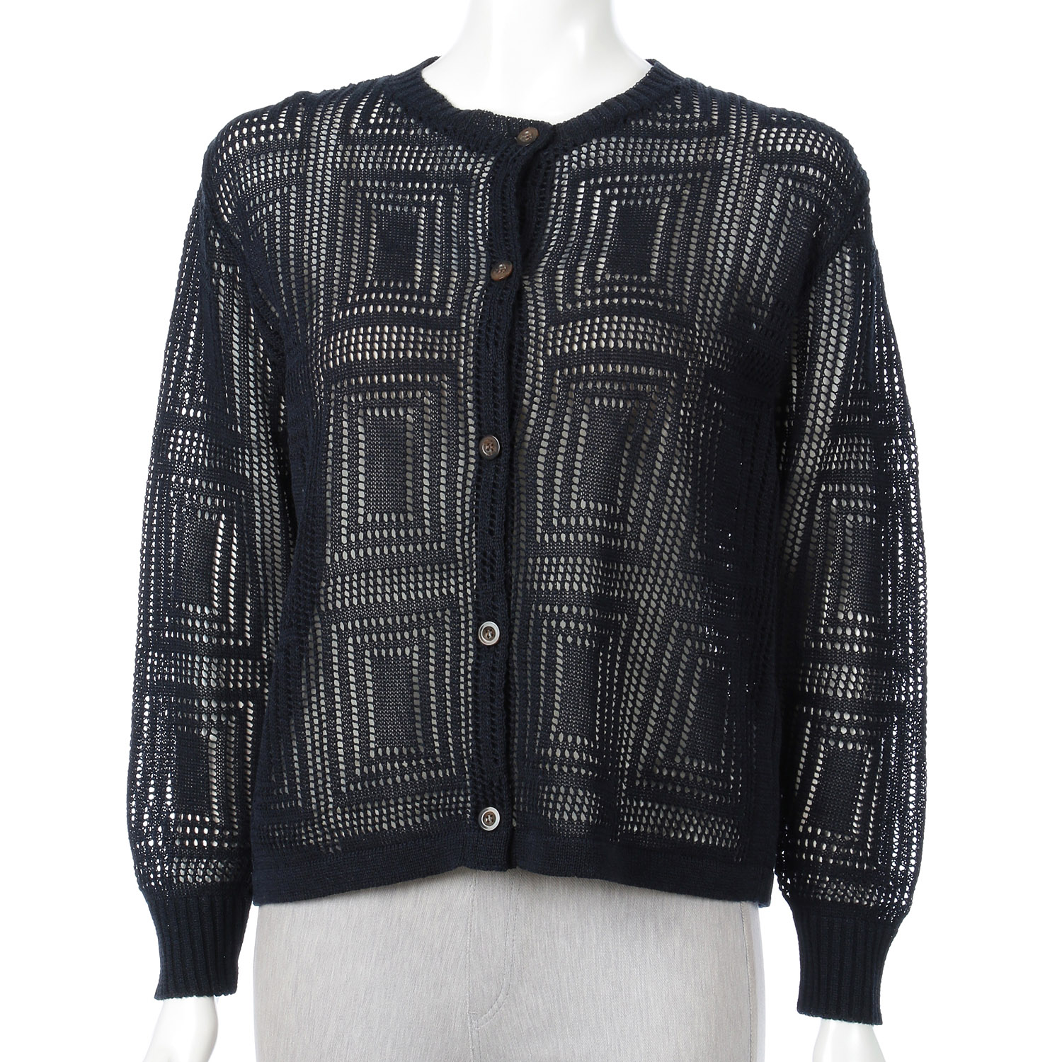 幾何学柄透かし編み丸首カーディガン