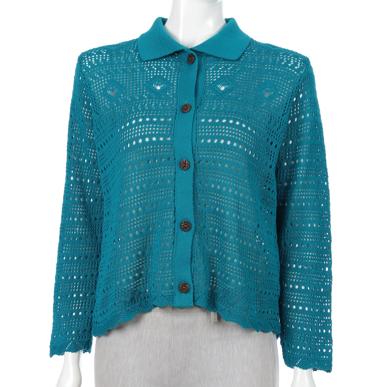 透かし柄衿付きカーディガン - 画像1