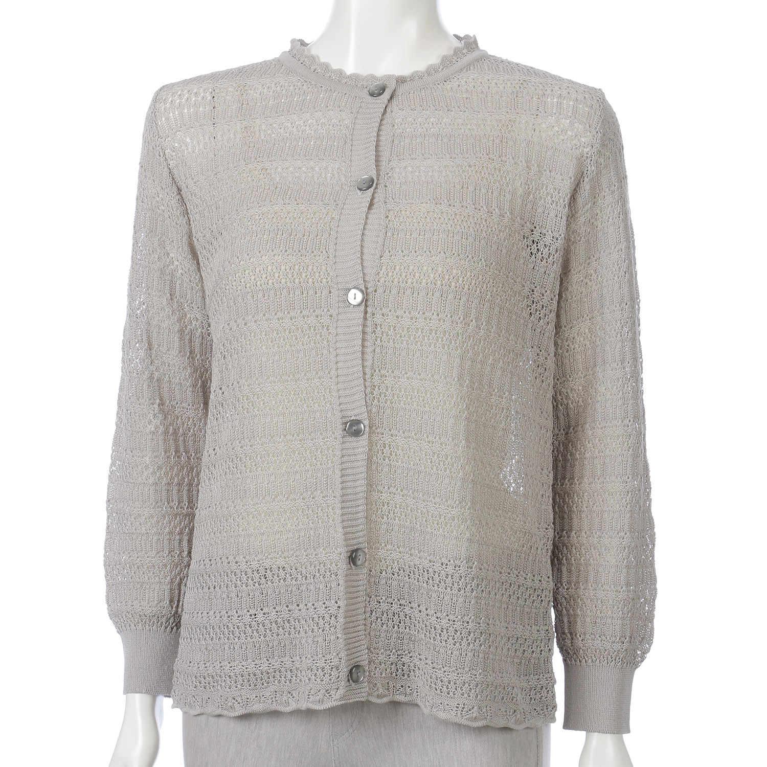 横柄透かし丸首カーディガン - 画像1